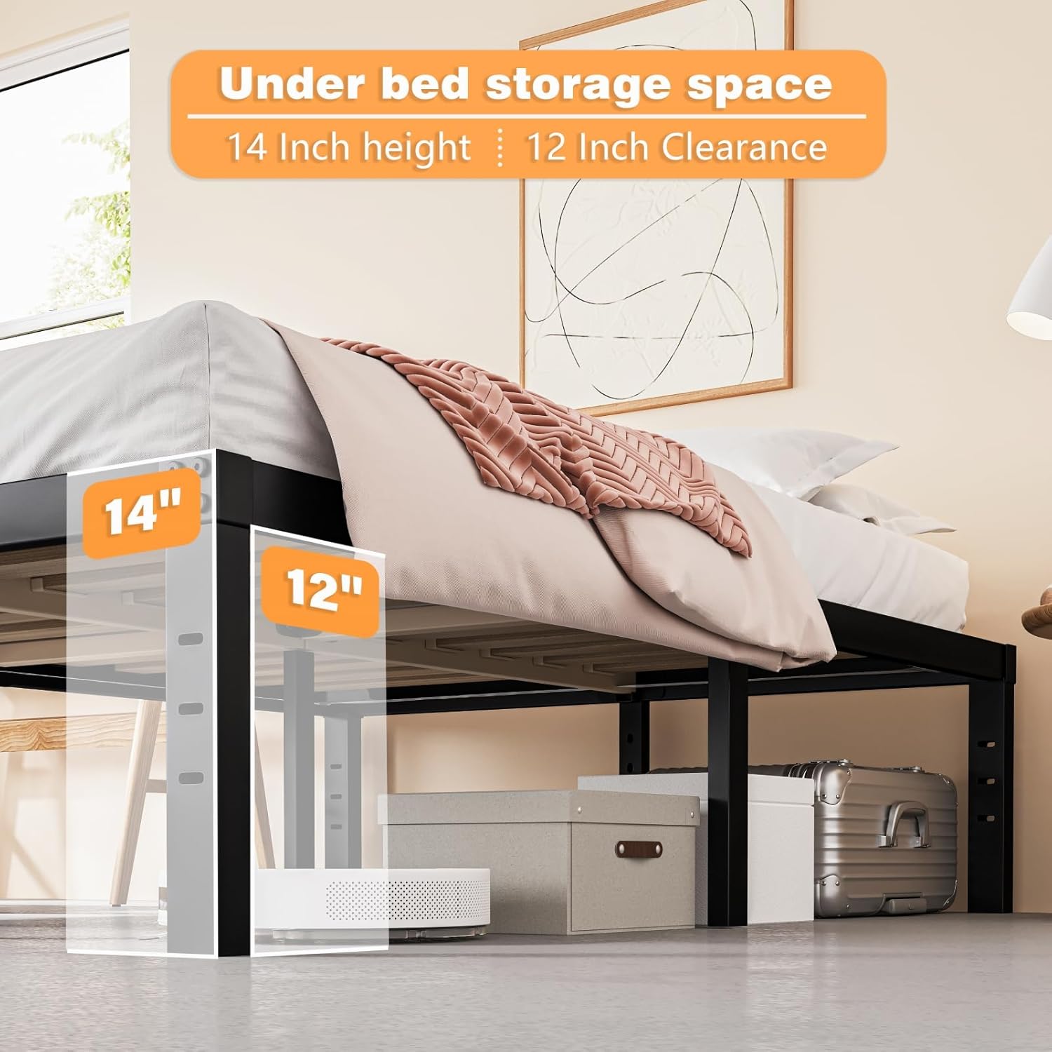 Base de cama de metal tamaño California King, soporte de listones de madera, 14 pulgadas de alto, no necesita somier, soporte resistente de 3500