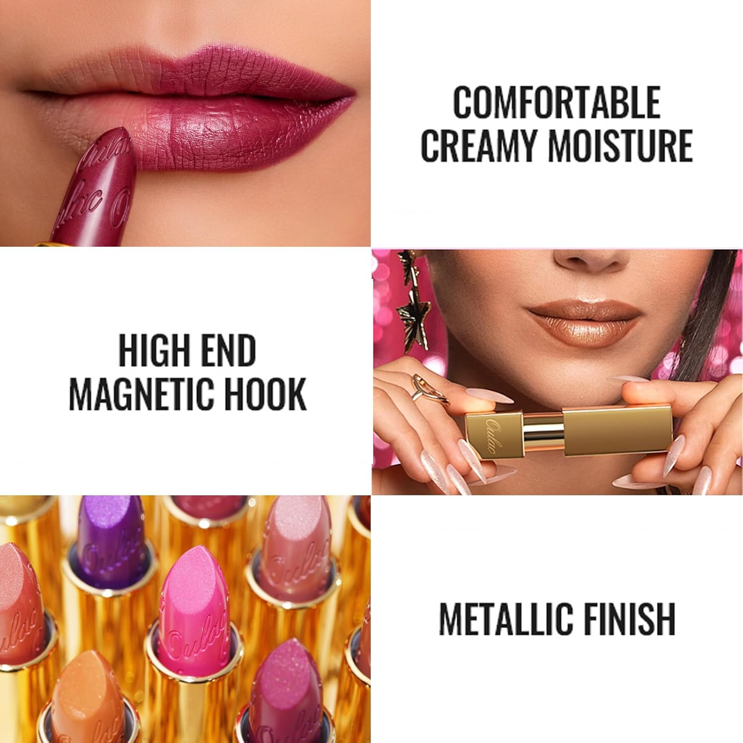 Oulac Lápiz labial rosa claro para mujer con brillo metálico 3D fórmula hidratante ligera, color de labios de alto impacto, belleza vegana y sin