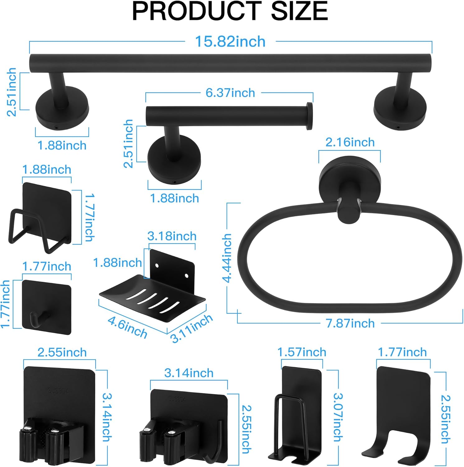 jxgzyy Juego de accesorios de baño de 15 piezas, barra de toalla ajustable color negro mate, juego de accesorios de baño, gancho para bata montado