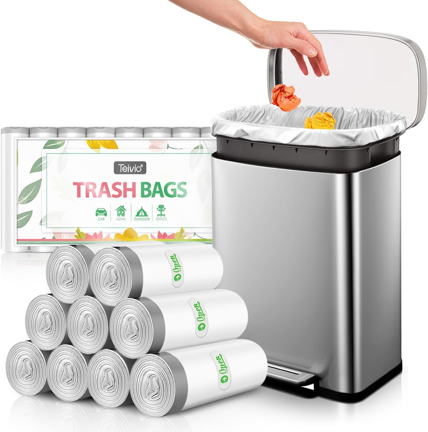 Teivio Bolsas de basura de 7 galones, 90 unidades, con cordón fuerte, bolsas de basura de 6 a 7 galones medianas para cocina, bolsas de plástico