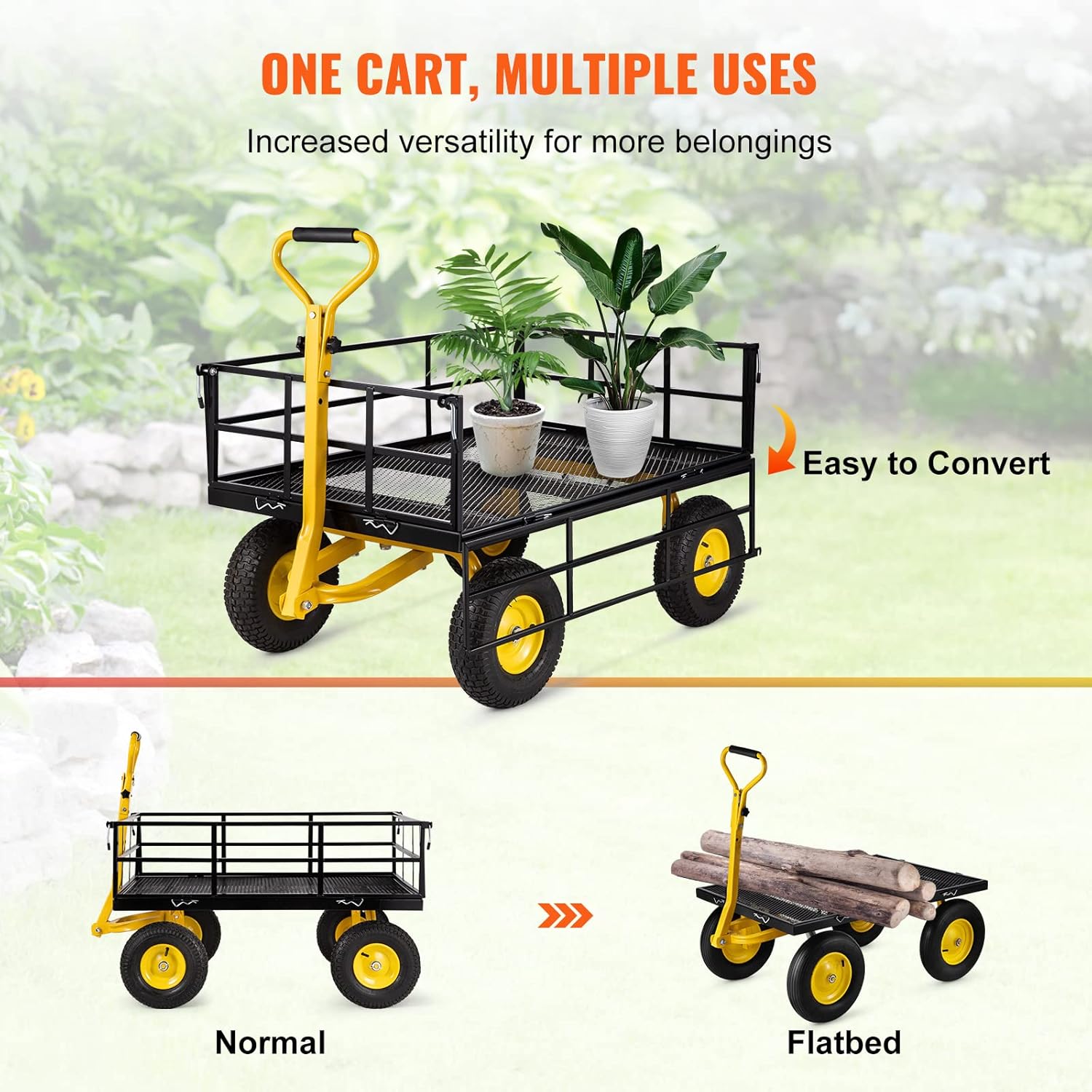 VEVOR Carrito de jardín de acero, resistente capacidad de 1200 libras, con lados de malla extraíbles para convertir en plataforma plana, carro de