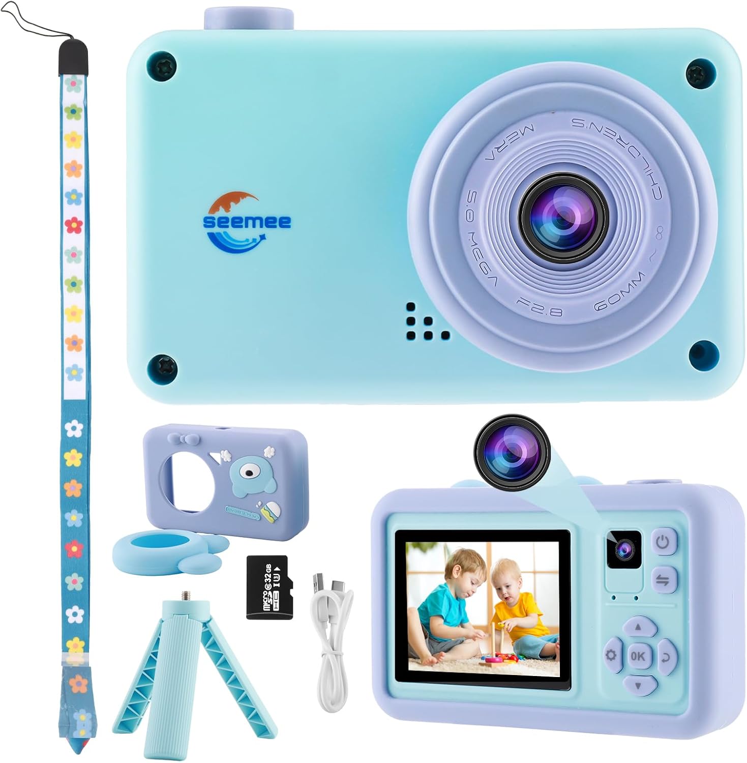 Seemee Cámara digital para niños con trípode, bonita funda de oso, marcos divertidos y efectos de espejo, tarjeta de 32G, regalos de cumpleaños de