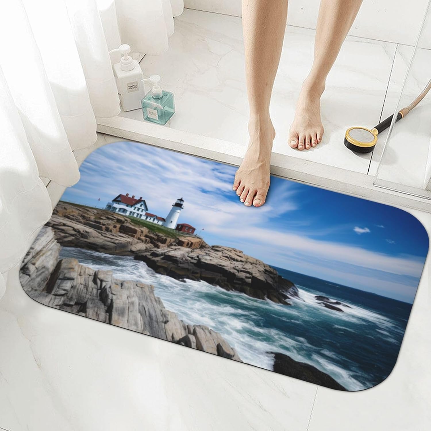Sea Lighthouse – Tapete de baño de diatomeas de 19.7 x 31.5 pulgadas (cuadrado), tapete de diatomita absorbente para puerta de entrada del hogar,