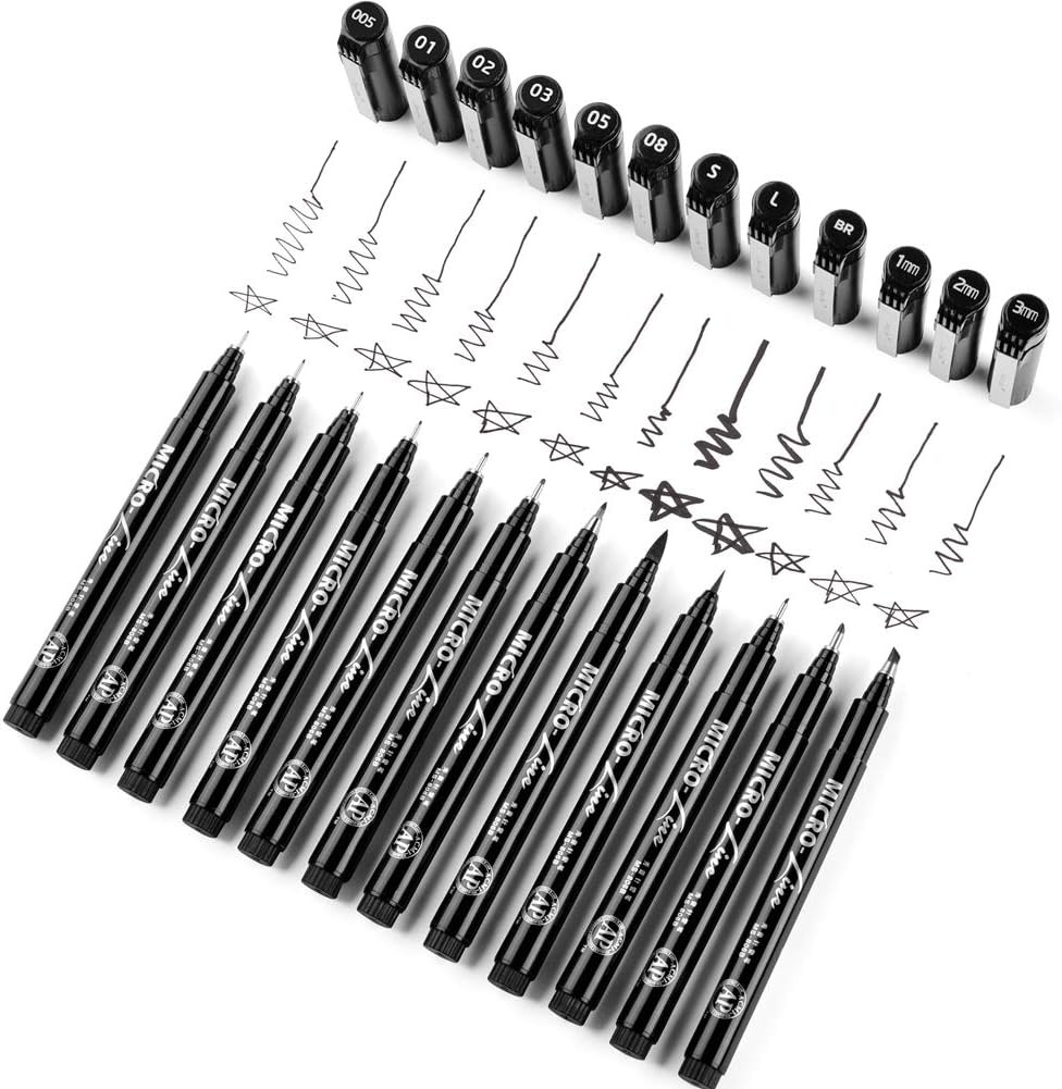 Juego de 12 bolígrafos negros de tinta de punta fina, tinta archival impermeable, para bocetos, letras de pincel, ilustración de artista, dibujo