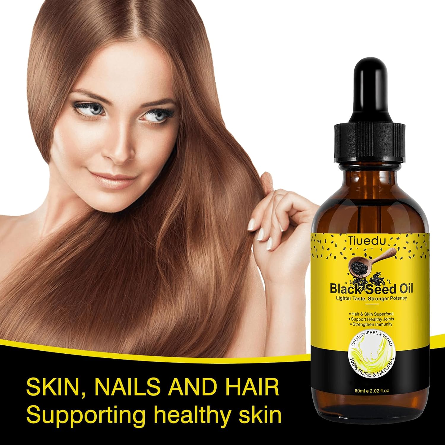 Tiuedu Aceite de semilla negra orgánica para cabello, cuerpo y piel, 100% puro, aceite de semilla negra prensado en frío, mejor para articulaciones