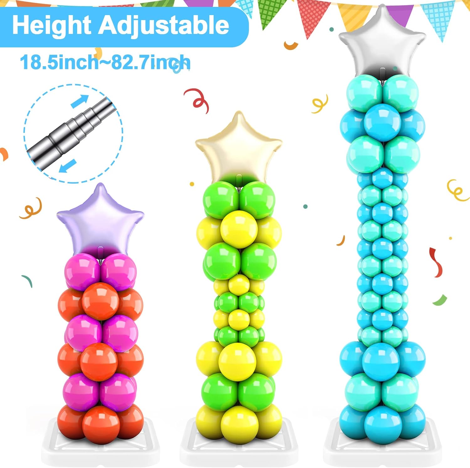 Sratte Juego de soporte para globos de 6.5 pies, kit de columna de globos para suelo con postes ajustables de metal, kit de torre de globos con base