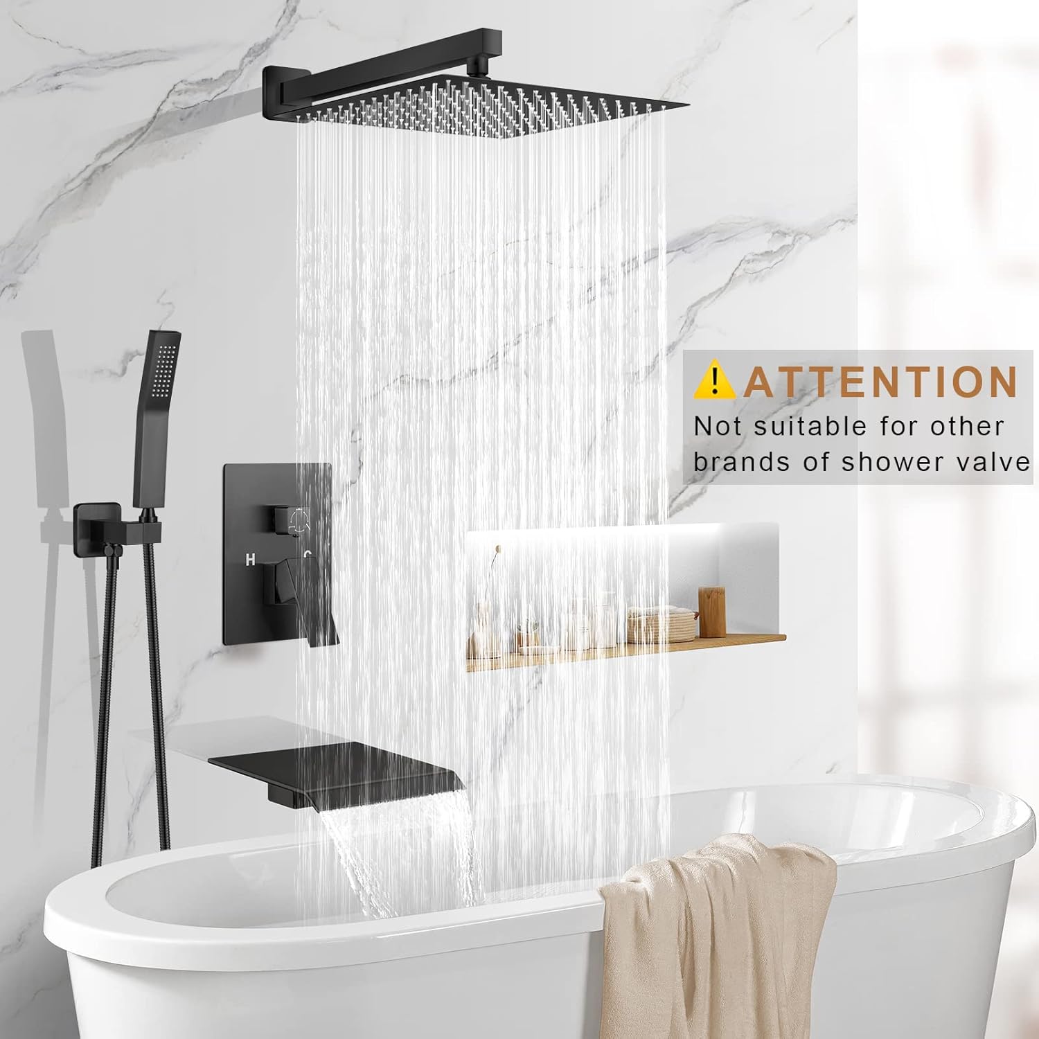Sistema de ducha de 12 pulgadas con boquilla de bañera, juego de grifo de ducha de bañera negro mate de 3 funciones, cabezal de ducha de lluvia de