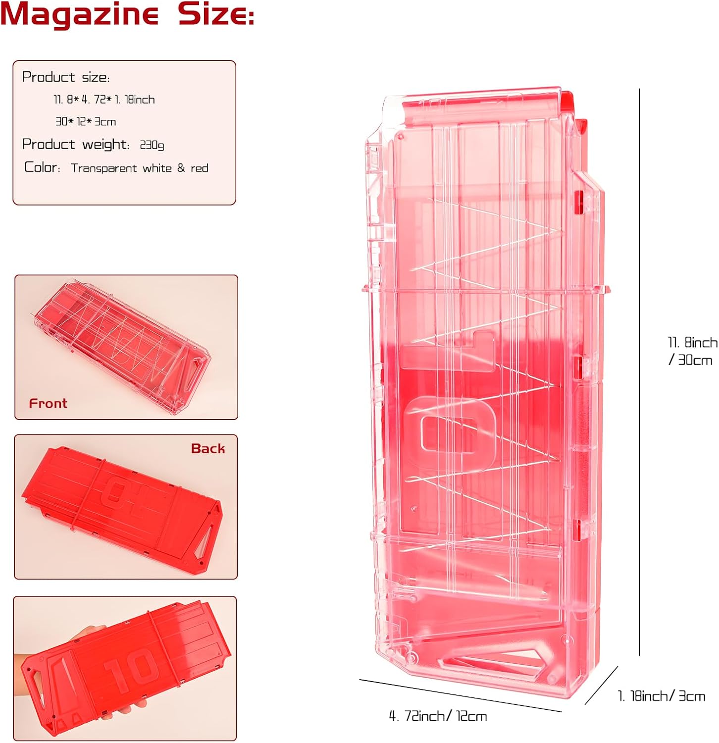 Clips de revista, paquete de 2 cargadores de clip de dardos de recarga rápida de 10 dardos para Nerf Centurion y Motostryke Mega (transparente y