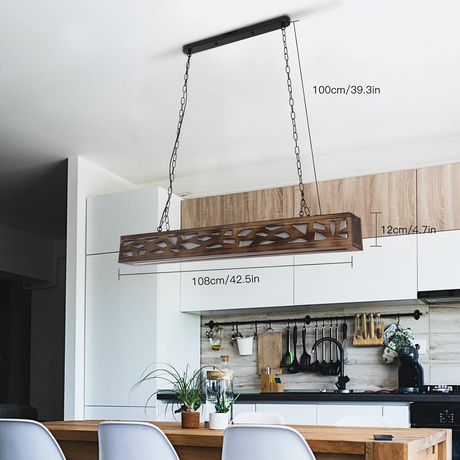 Lámpara de araña de isla de cocina, rectangular de madera, LED, regulable, para granja, industrial, colgante para cocina, pasillo, bar