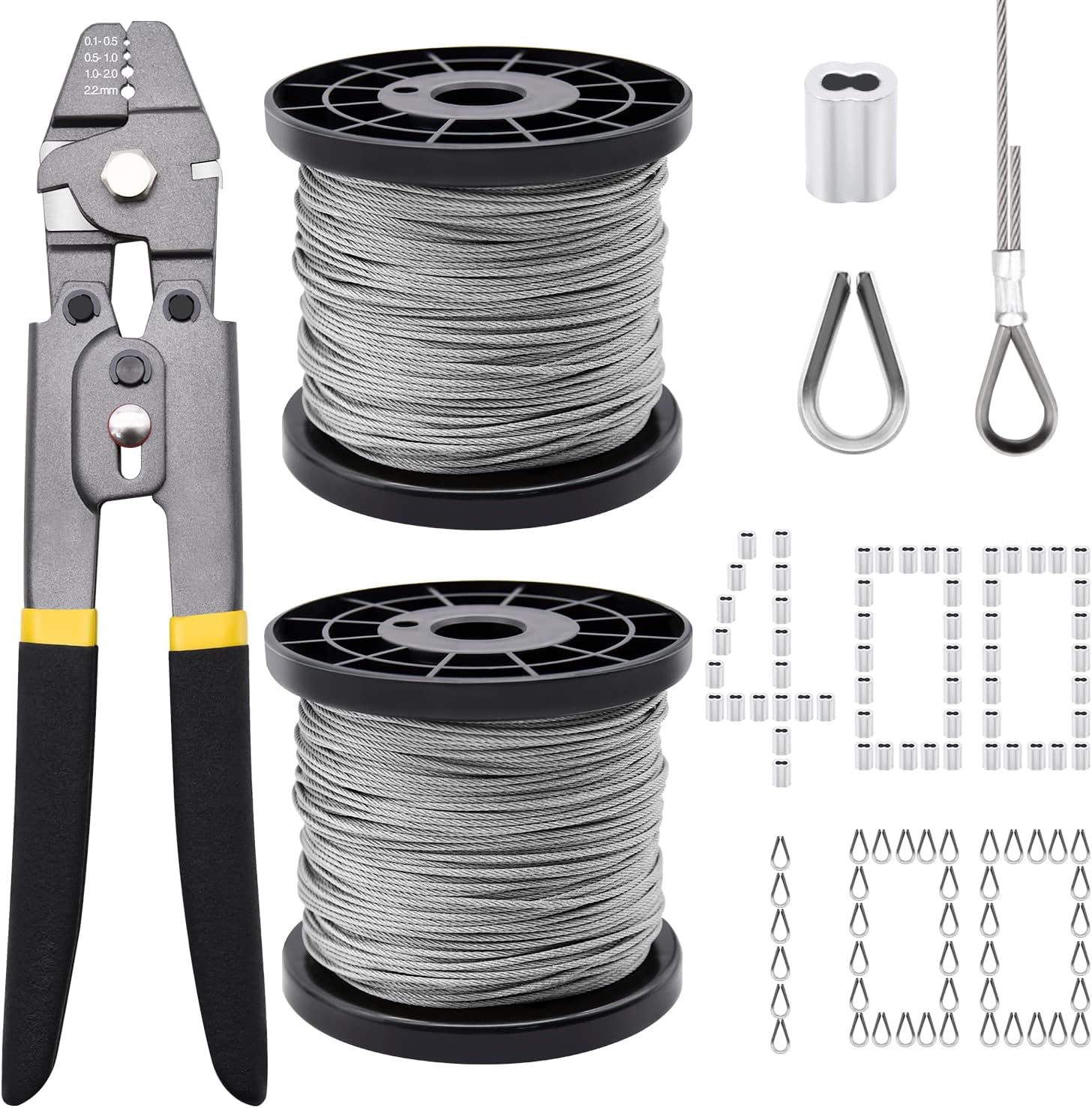Kit de herramientas de prensado de cuerda de alambre de 656 pies, cable de cuerda de alambre de acero inoxidable con mangas de prensado de aluminio
