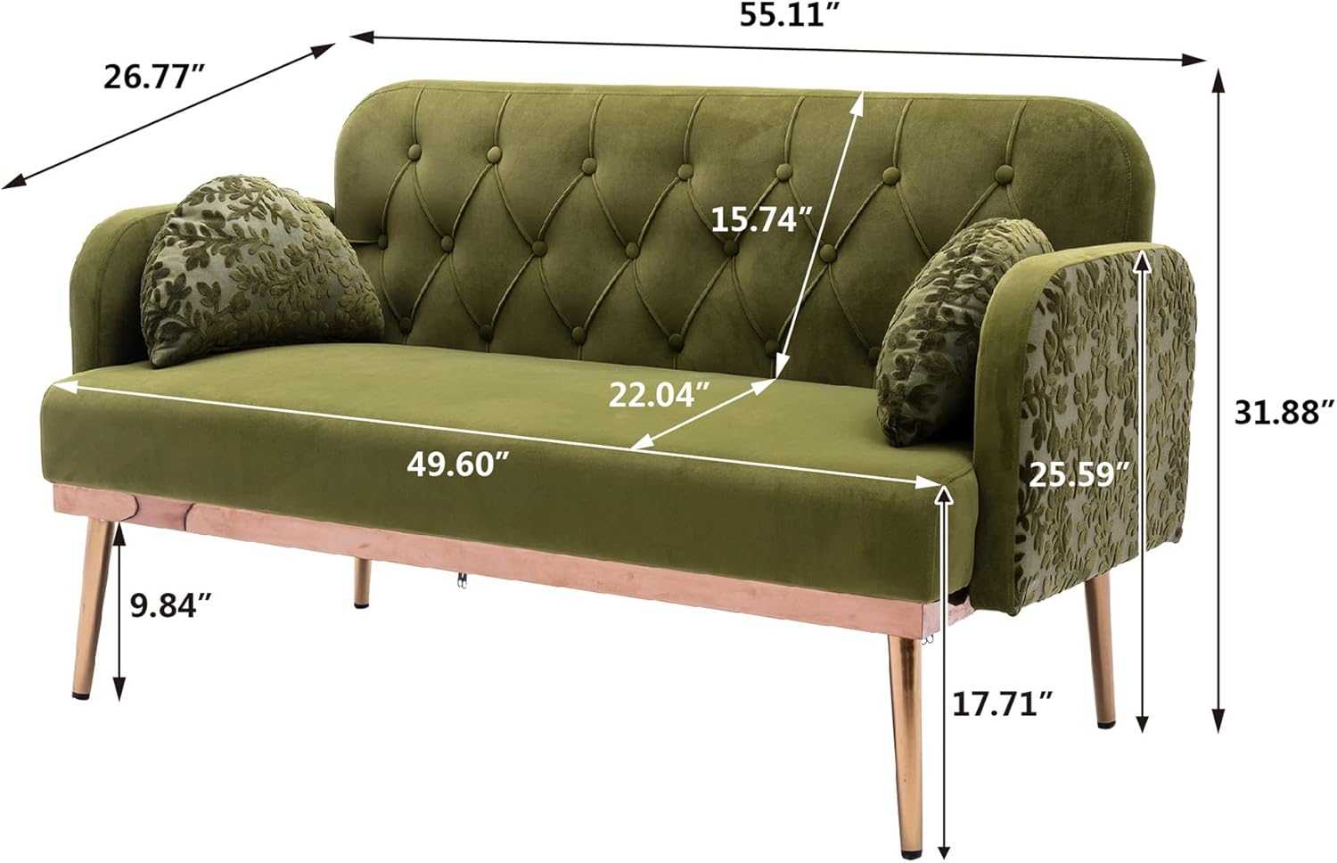 Sofá biplaza verde de terciopelo, sofá pequeño para dormitorio, sofá con pies de metal, 2 almohadas incluidas