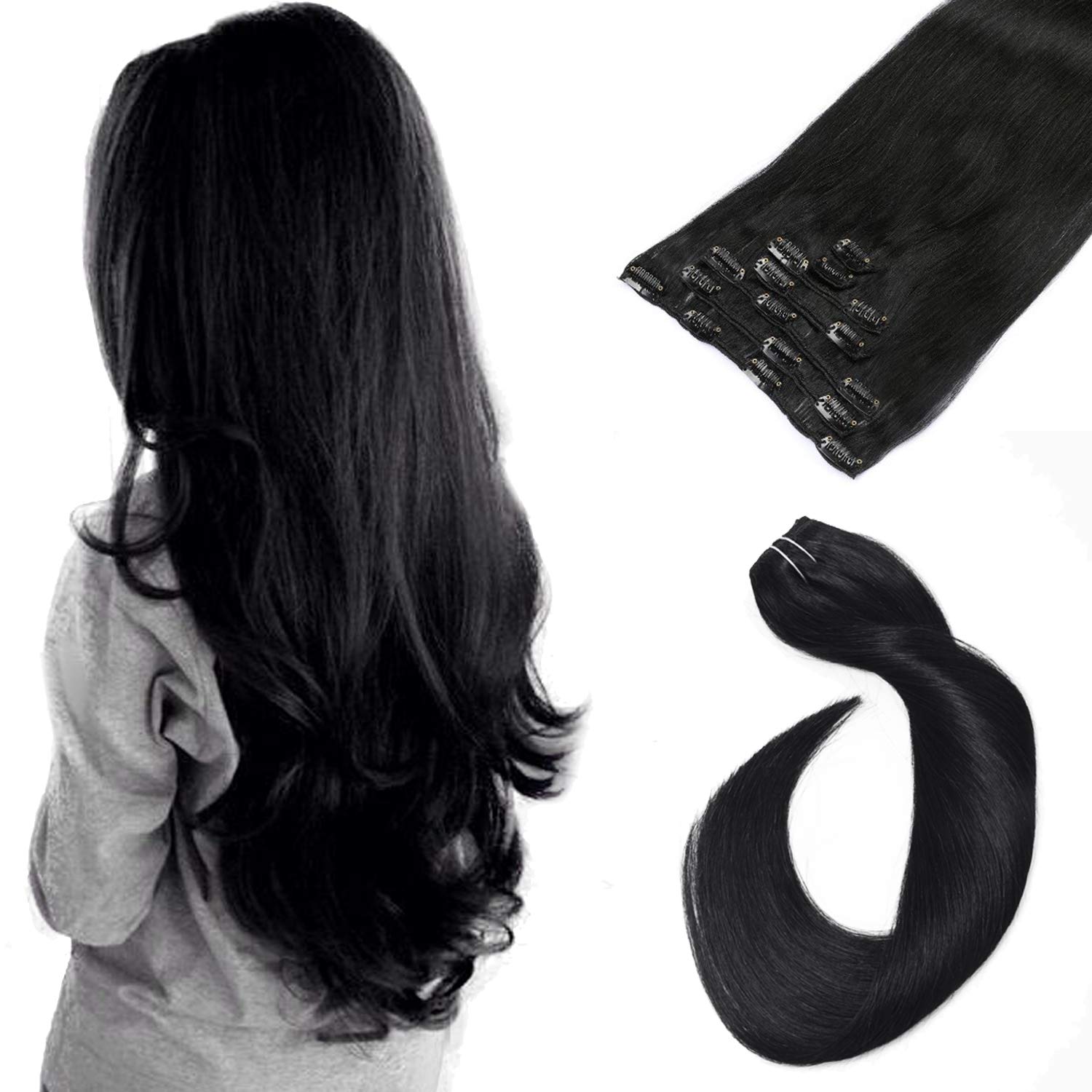 Extensiones de cabello humano con clip, 7 piezas, 2.4onzas, 15, 18, 20, 22 pulgadas, sedoso y liso, con tramas, sin costuras, para extensiones de