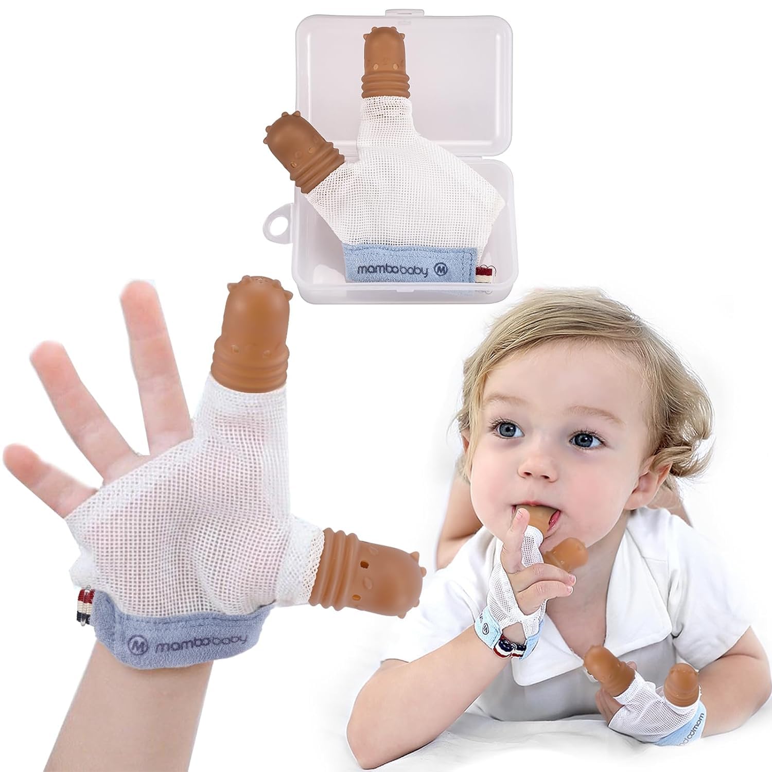 Tope de succión de pulgar para niños de 1 a 2 años de edad, protector de dedos de silicona para chupar el pulgar con malla transpirable, kit de