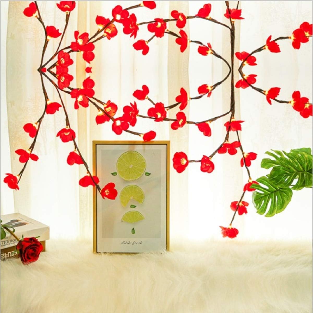 Paquete de 2 luces LED rojas de ramas Bossom de ciruela, funciona con pilas, ramas artificiales, lamei floral, pequeñas ramitas de 30 pulgadas, 20