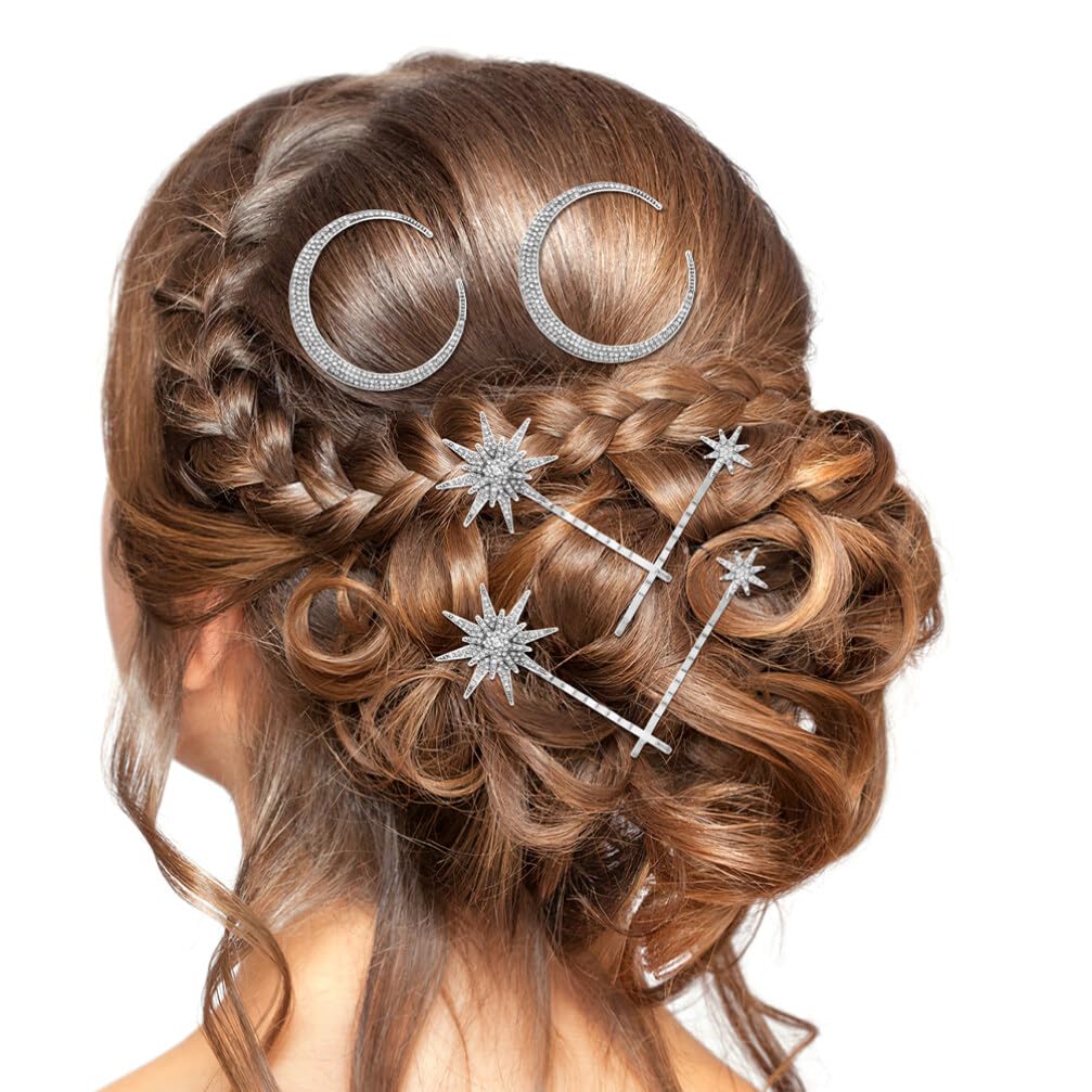 Beaupretty Pinzas para el cabello vintage con diseño de estrella y luna, pasador de pelo de aleación de metal con diamantes de imitación, accesorios