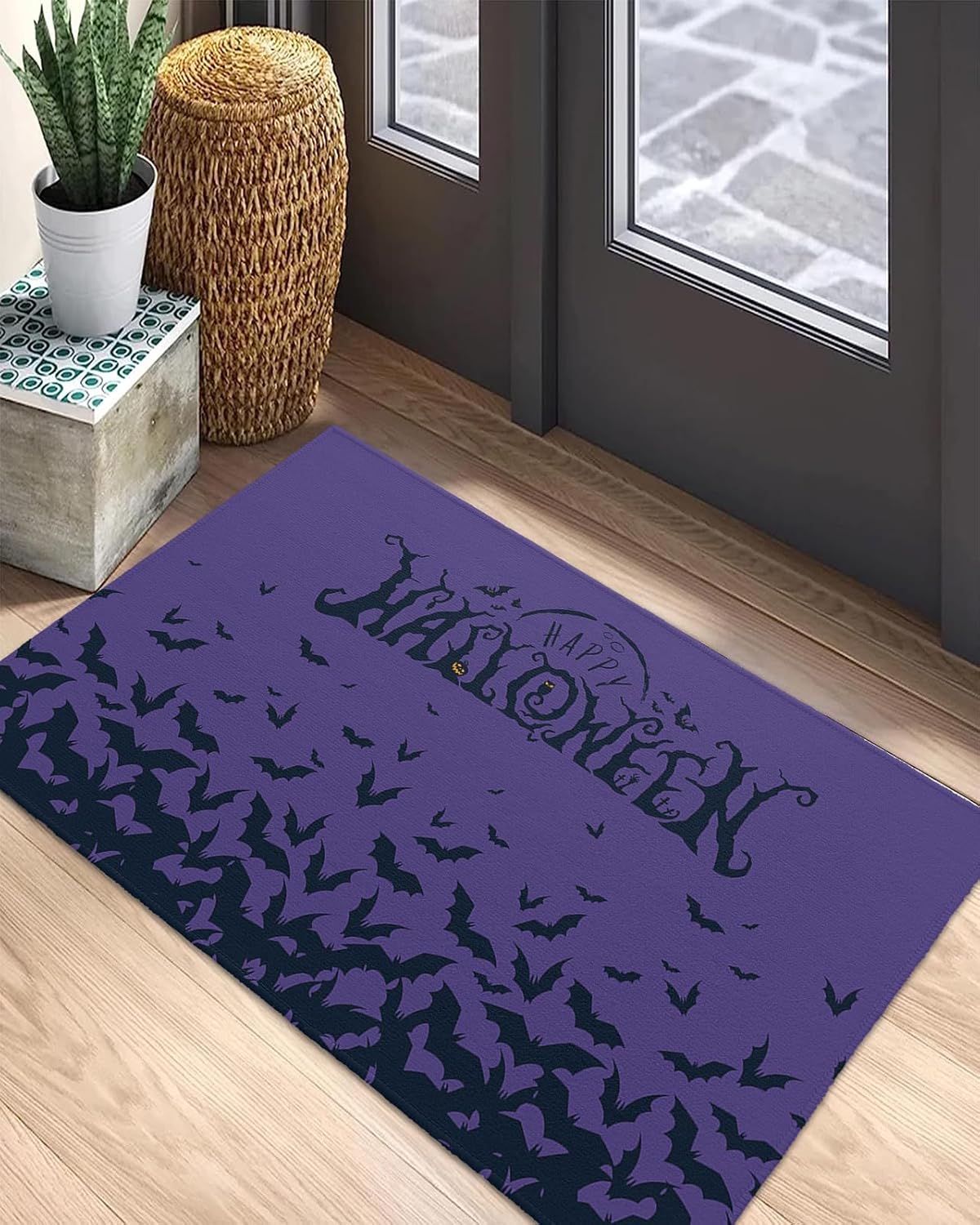Tapete para puerta delantera, antideslizante, absorbente, para entrada, para interiores y exteriores, tapete pequeño, color morado, para Halloween,