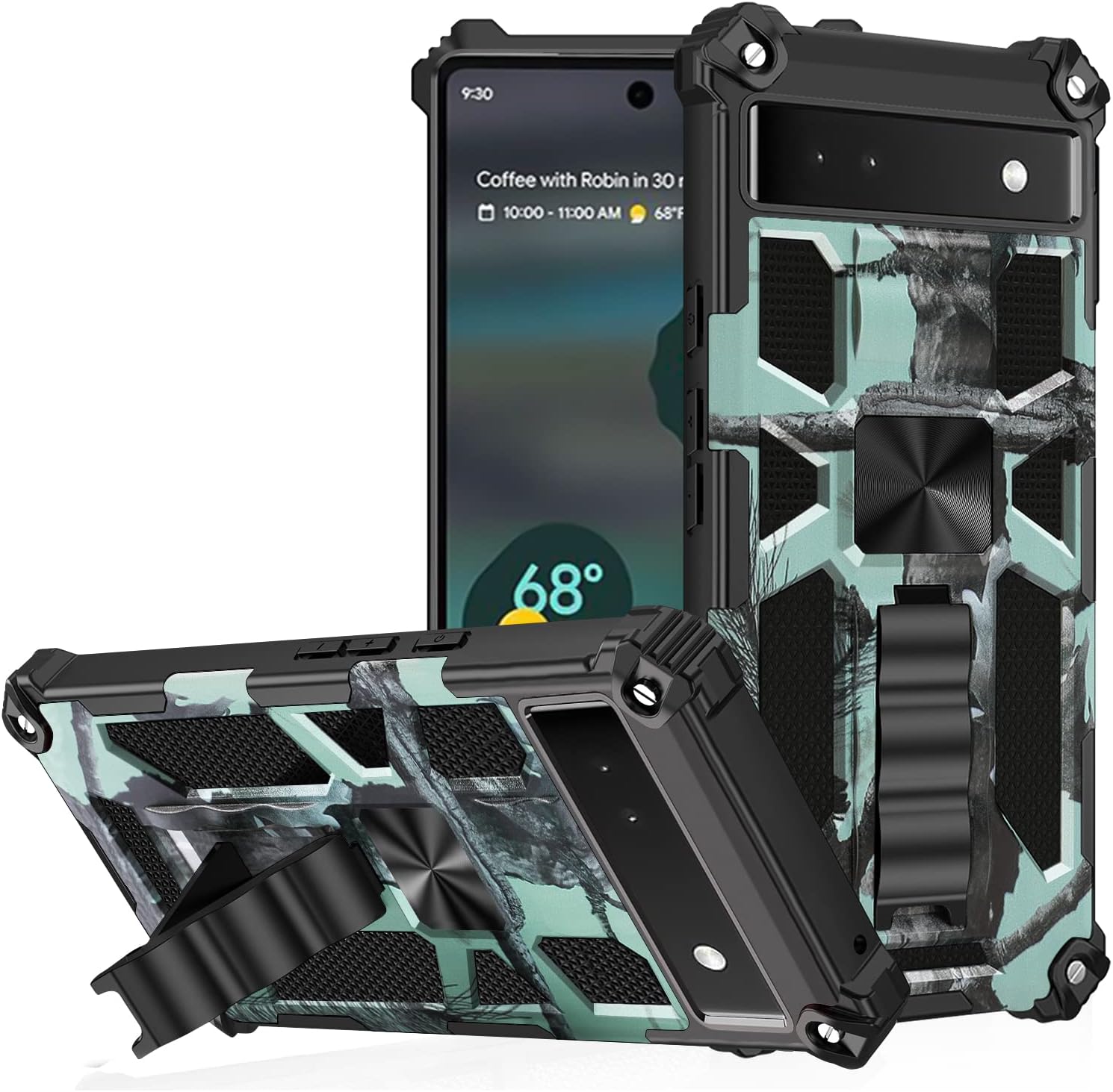 Funda para Pixel 6A (no para 6 o 6P), con protector de pantalla de vidrio templado 9H, grado militar, soporte con soporte magnético para automóvil,