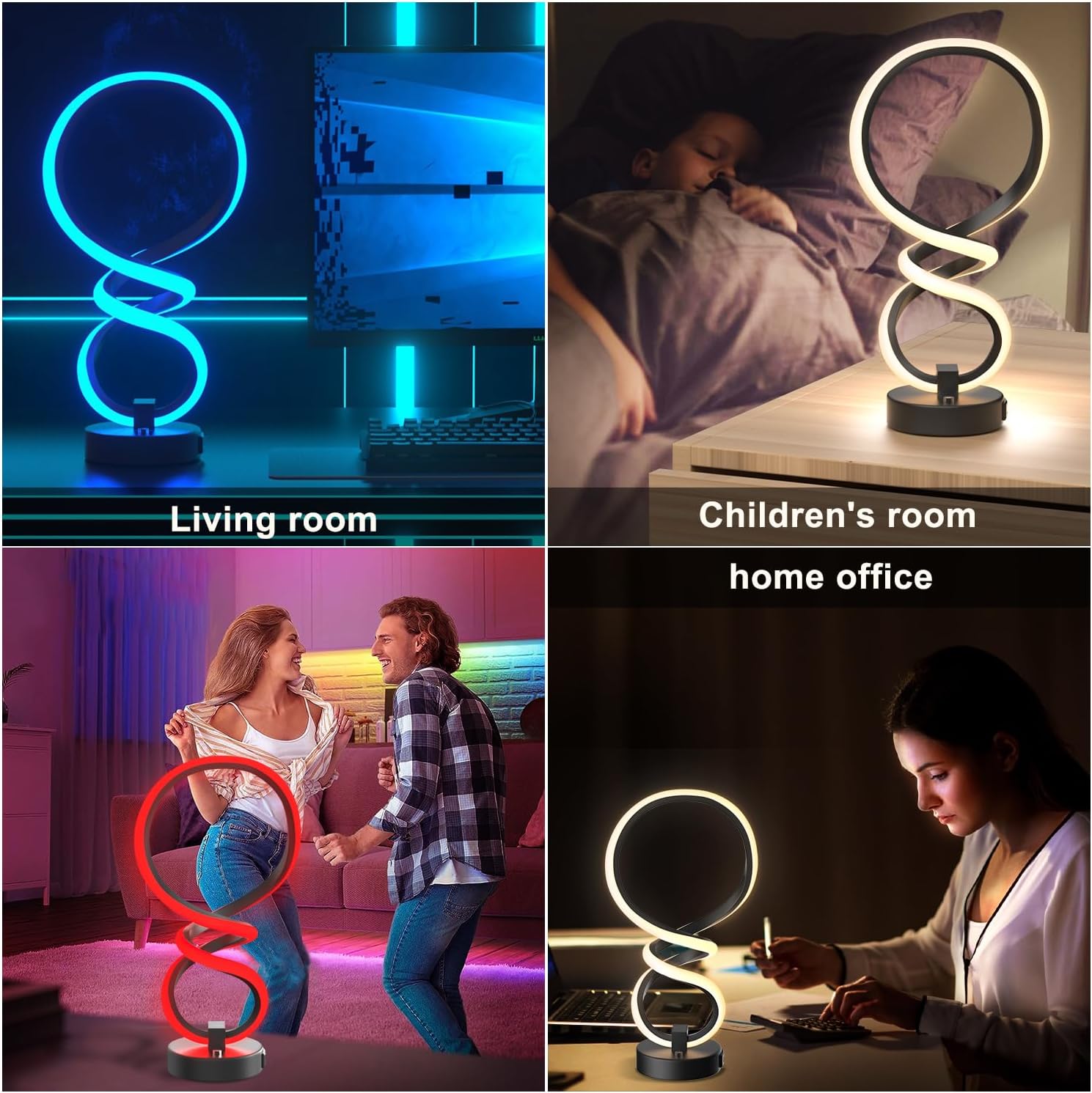 Lámpara de mesa LED moderna, 7 colores y 10 modos de luz, lámparas en espiral, lámpara de mesita de noche RGB regulable táctil con puerto de carga
