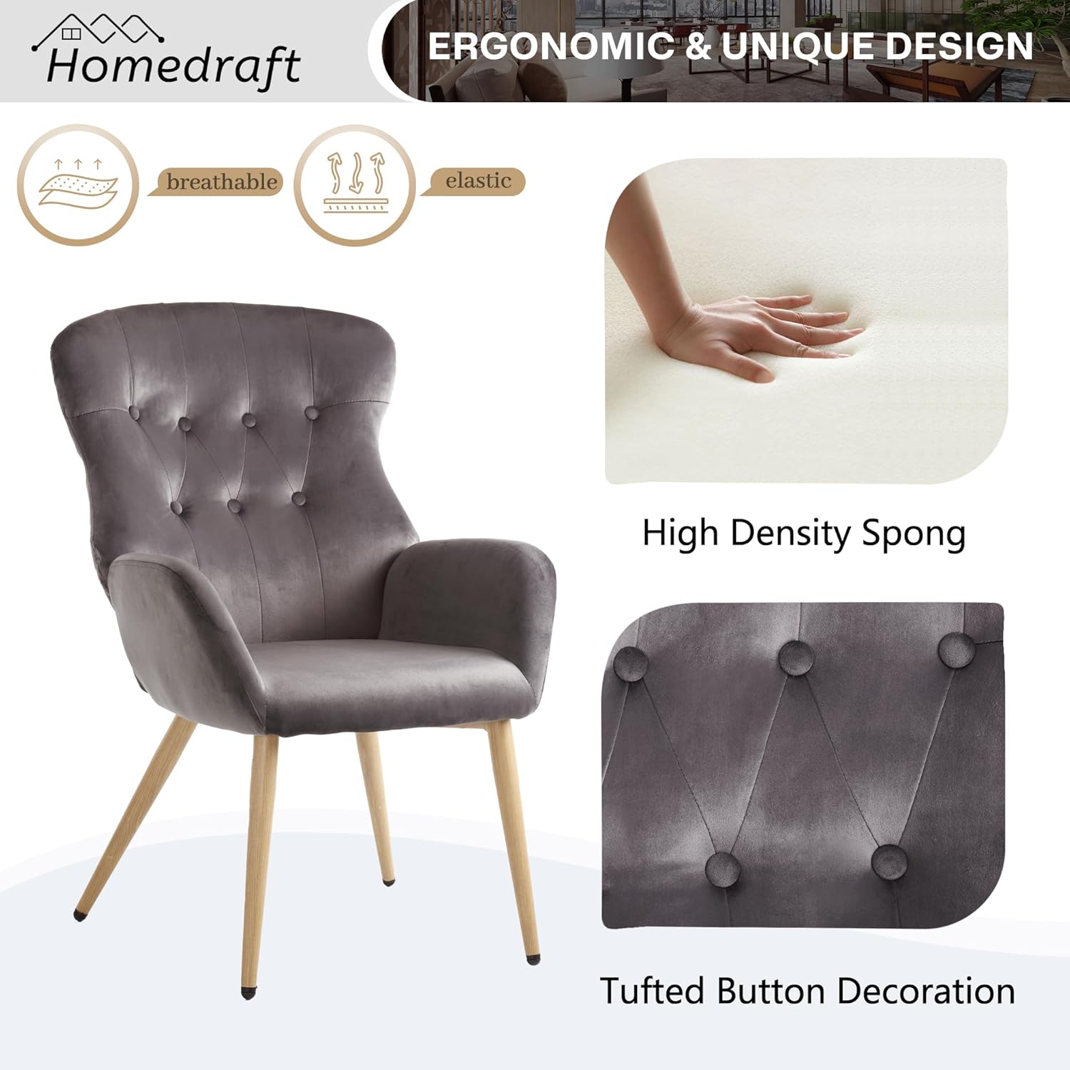 Silla decorativa de terciopelo, silla de lectura copetuda con botones con respaldo de ala alta grande, cómoda silla de tocador tapizada con patas de
