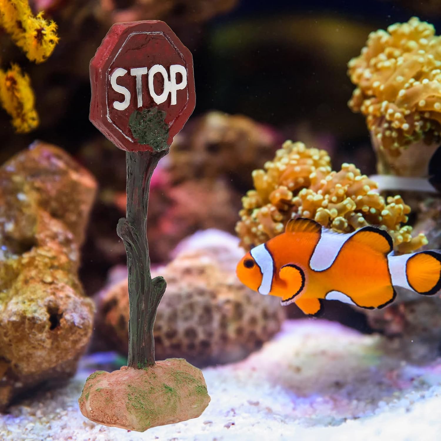 HEEPDD Señal de advertencia de parada de acuario, señal de advertencia de pecera de resina, decoración de paisaje para pecera pequeña y mediana