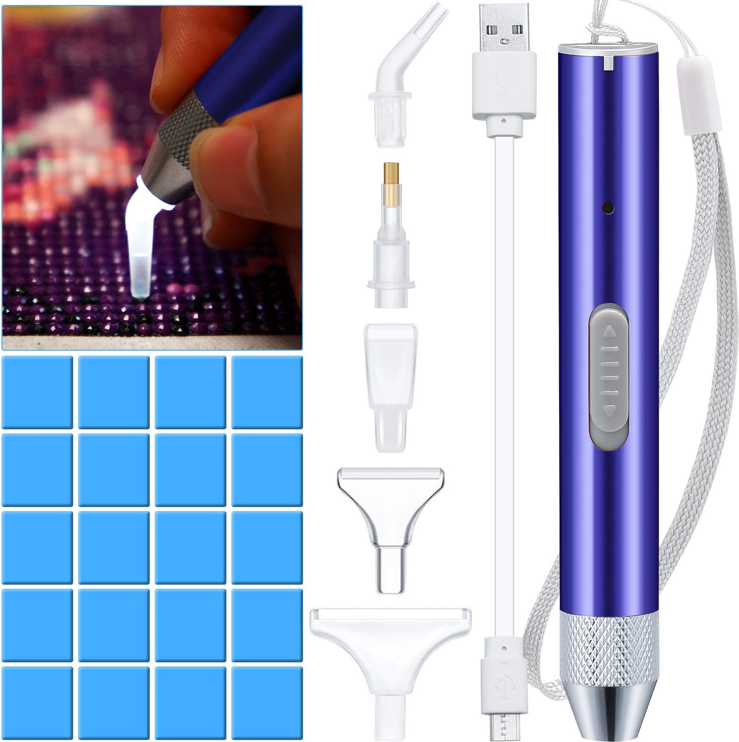 Bolígrafo de pintura de diamantes con luz 5D para bricolaje con 20 piezas de pegamento de pintura, 5 cabezales de repuesto para manualidades (azul)