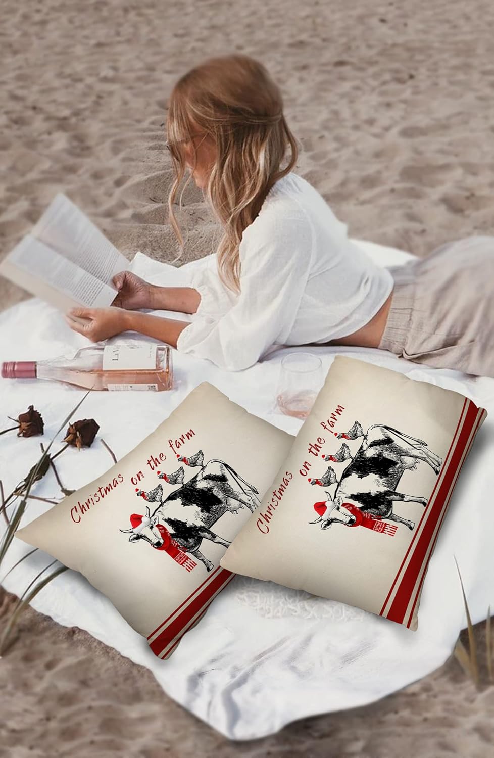 2 Packs Throw Pillow Covers Rectangle 20″ x 12″, Christmas on The Farm Farm Animal Cow Chicken Vintage Waterproof Couch Cushion Cover for Sofa