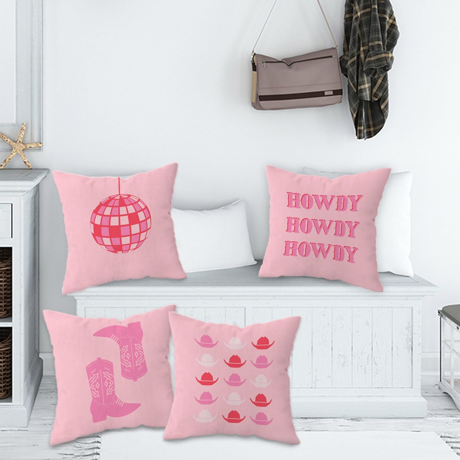 FLDAS Juego de 4 fundas de almohada decorativas de 18 x 18 pulgadas, color rosa intenso, con diseño de vaquera occidental, diseño de bola de