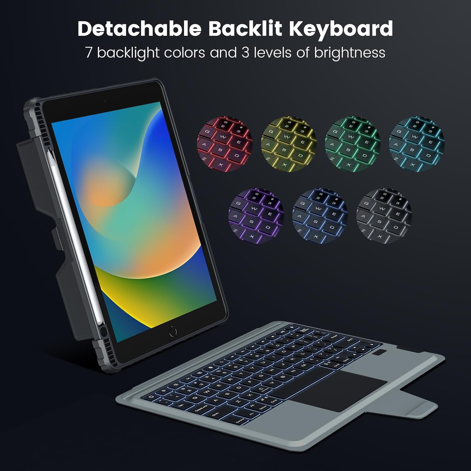 Nillkin Funda para iPad de 9 generación con teclado desmontable (10.2 pulgadas, 2021), 7 colores de retroiluminación, trackpad preciso, soporte para