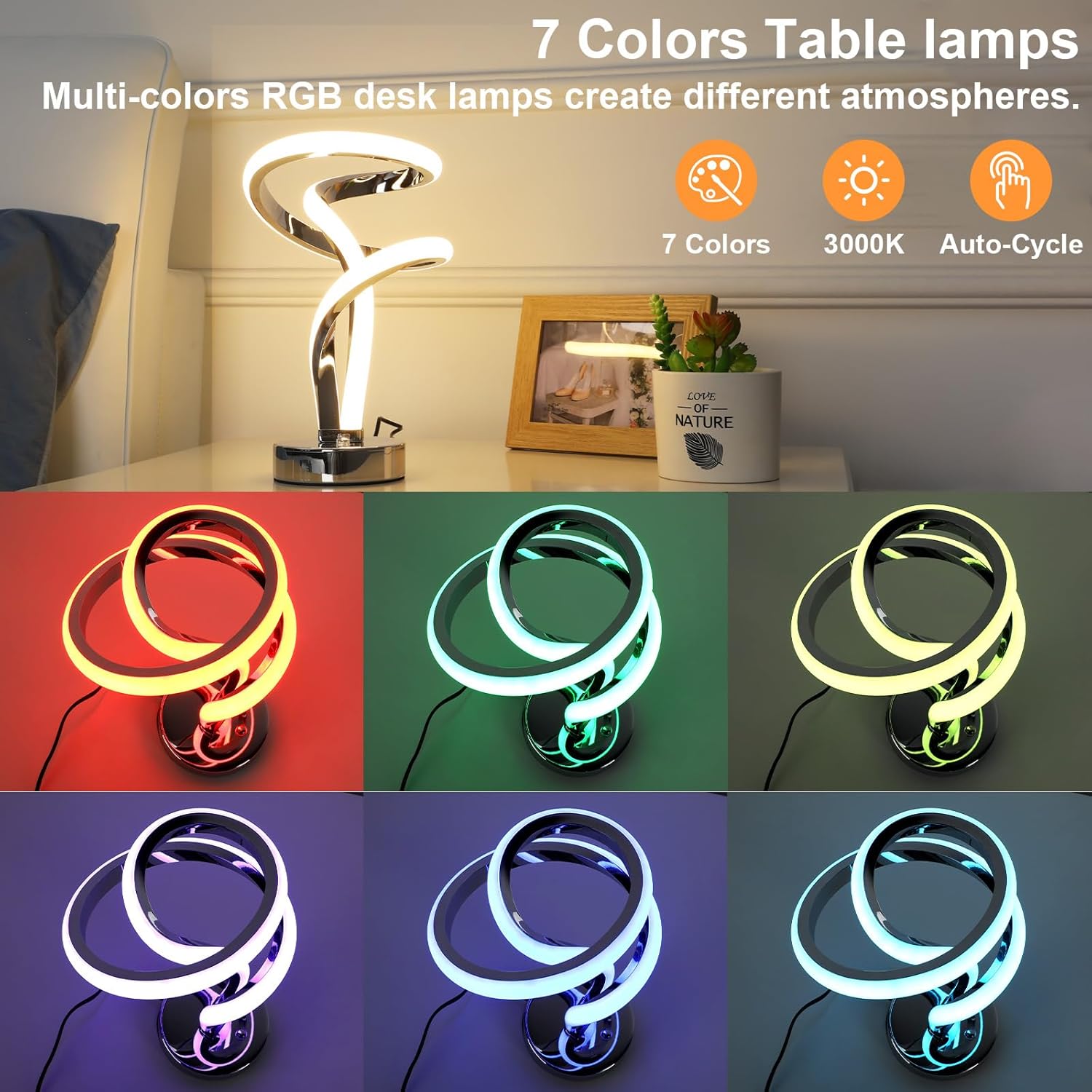 Lámparas de mesa en espiral únicas táctiles, 7 colores regulables, lámpara de mesita de noche, atmósfera, moderna, lámpara de mesita de noche,