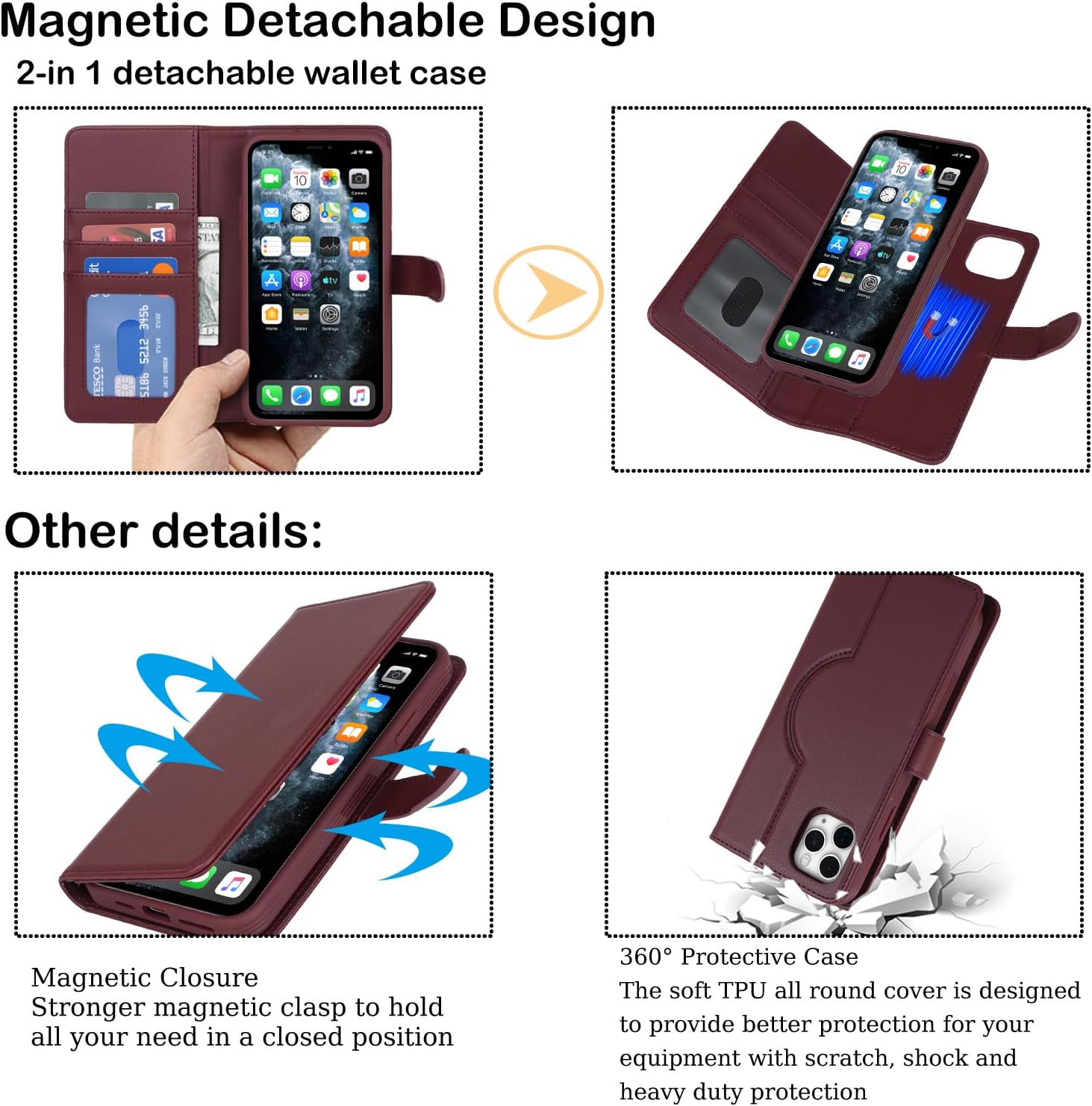 Havaya Magsafe – Funda tipo cartera para iPhone 11 Pro Max, compatible con iPhone 11 Pro Max, con tarjetero, funda desmontable de piel magnética