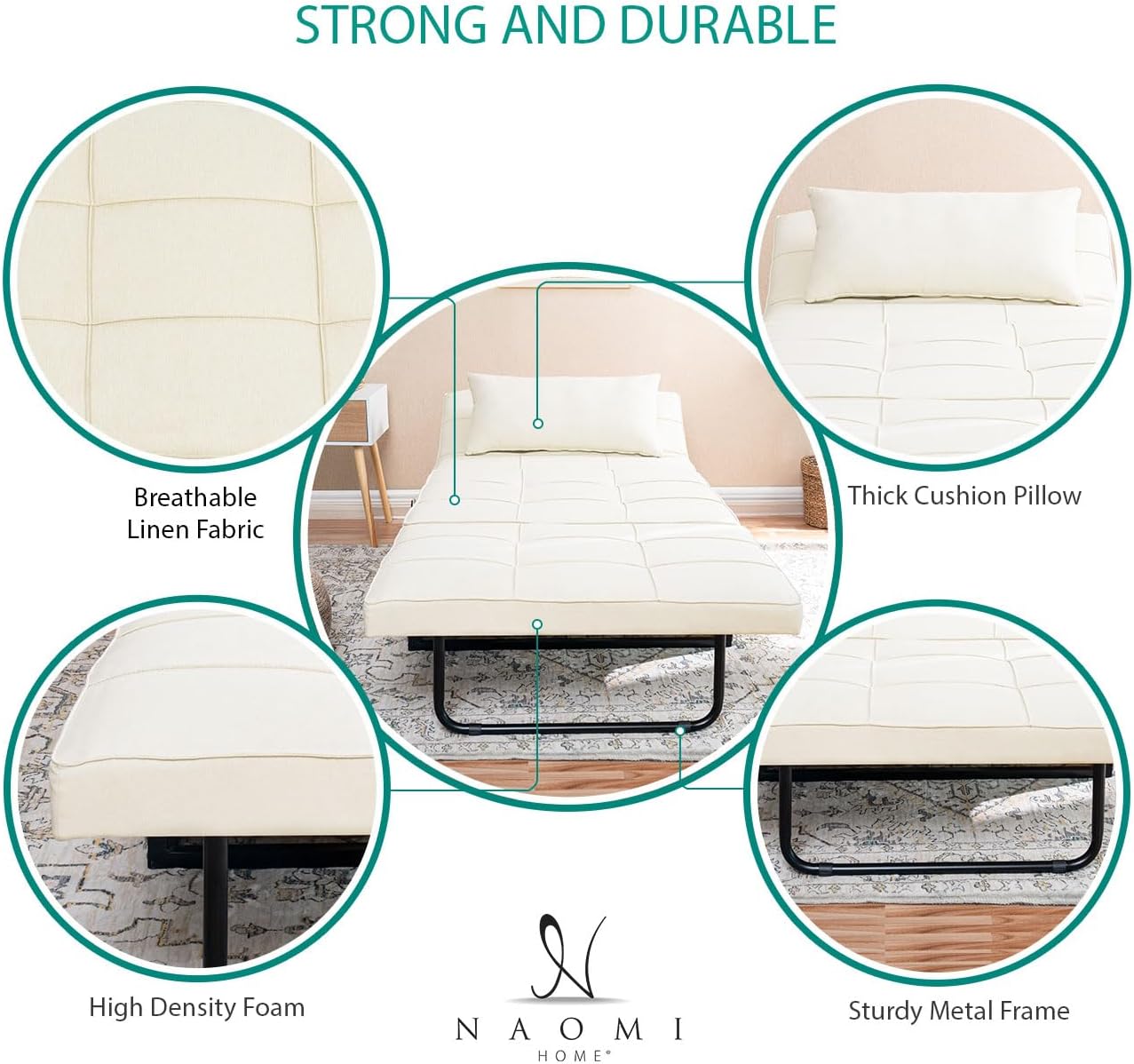 Cama con silla de dormir, cama otomana convertible multifunción 4 en 1, silla de cama de lino transpirable, sofá cama convertible con respaldo