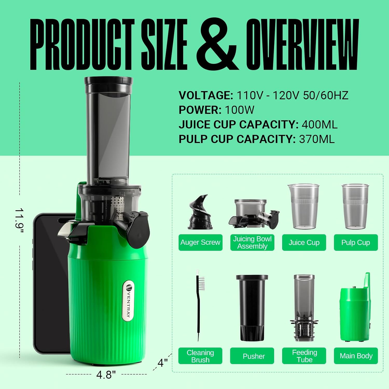 Ventray Essential Ginnie – Exprimidor compacto de prensa en frío, exprimidor lento con velocidad baja de 60 rpm, fácil de limpiar y denso en