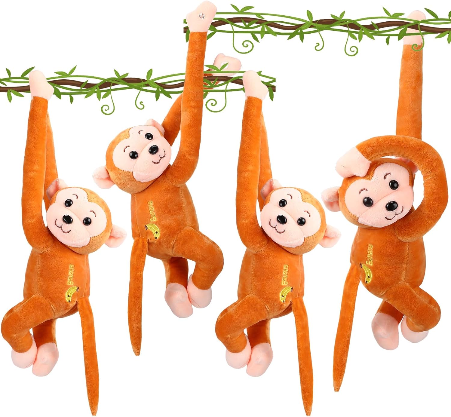 Paquete de 4 monos de peluche colgantes de 17.8 pulgadas con cierres de gancho y bucle, regalos de juguetes de peluche para adolescentes y adultos,