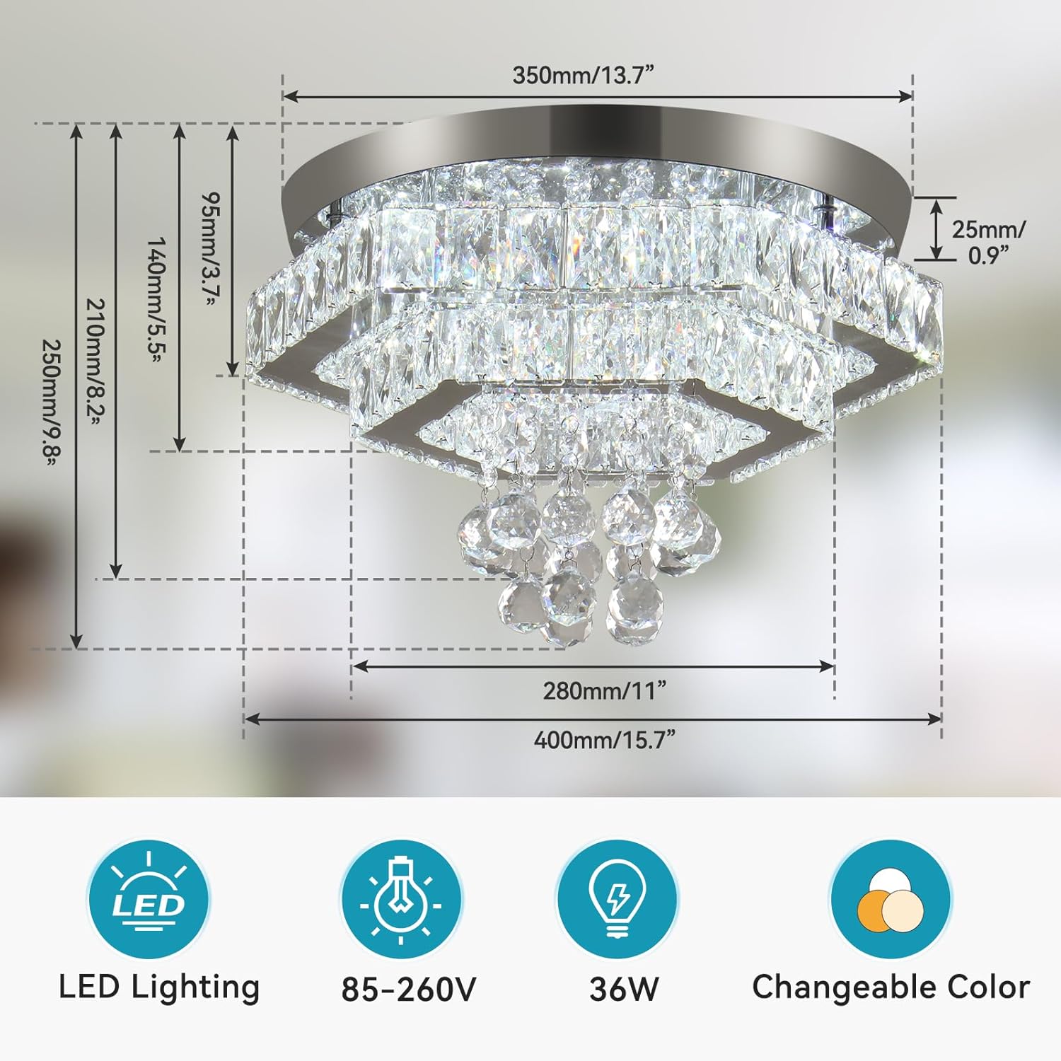 Finktonglan Moderna lámpara de techo LED de cristal regulable de 2 capas de montaje empotrado, lámpara de techo de acero inoxidable para sala de