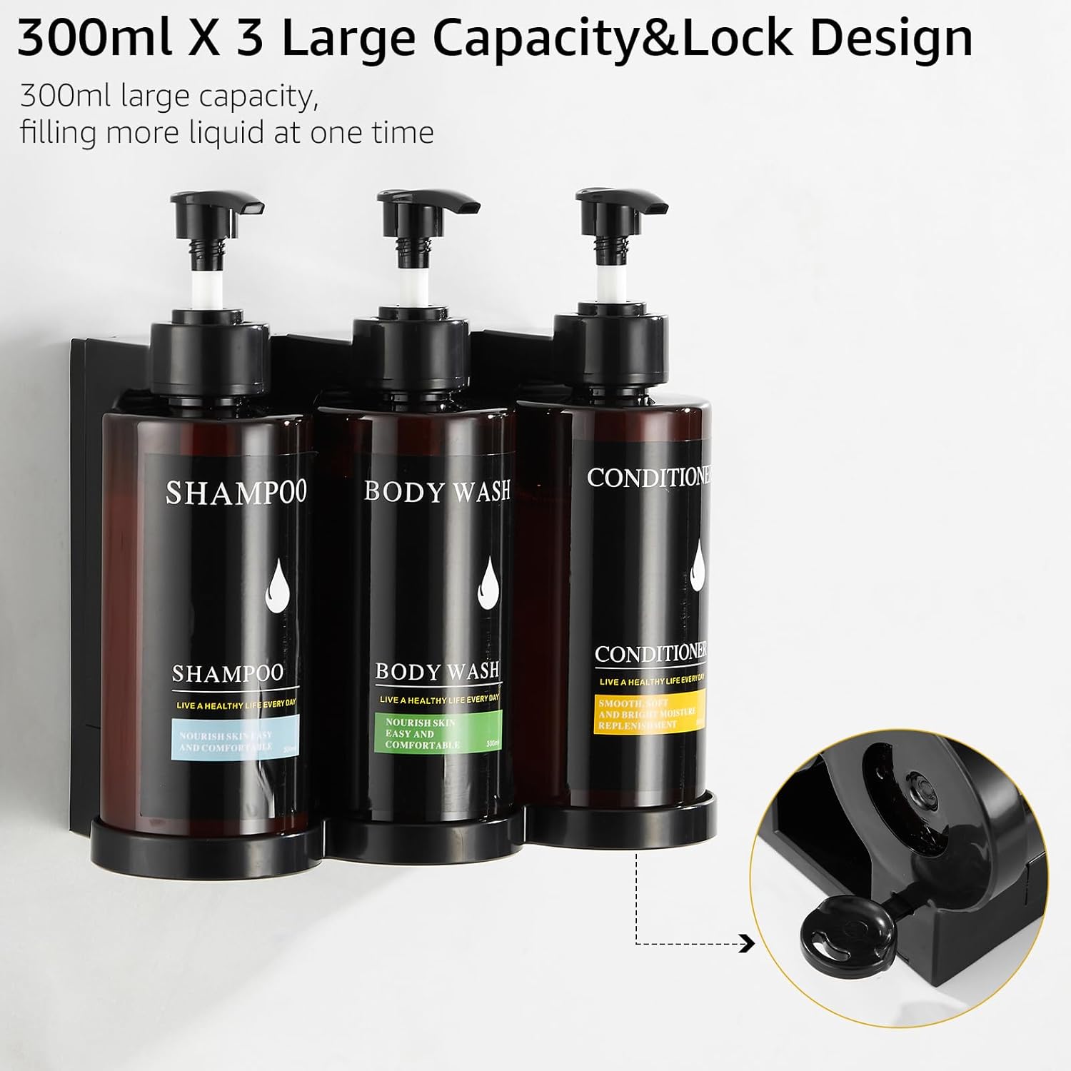 Dispensador de champú y acondicionador, dispensador de jabón de ducha, sin taladro, 3 cámaras, dispensador de champú para montar en la pared con