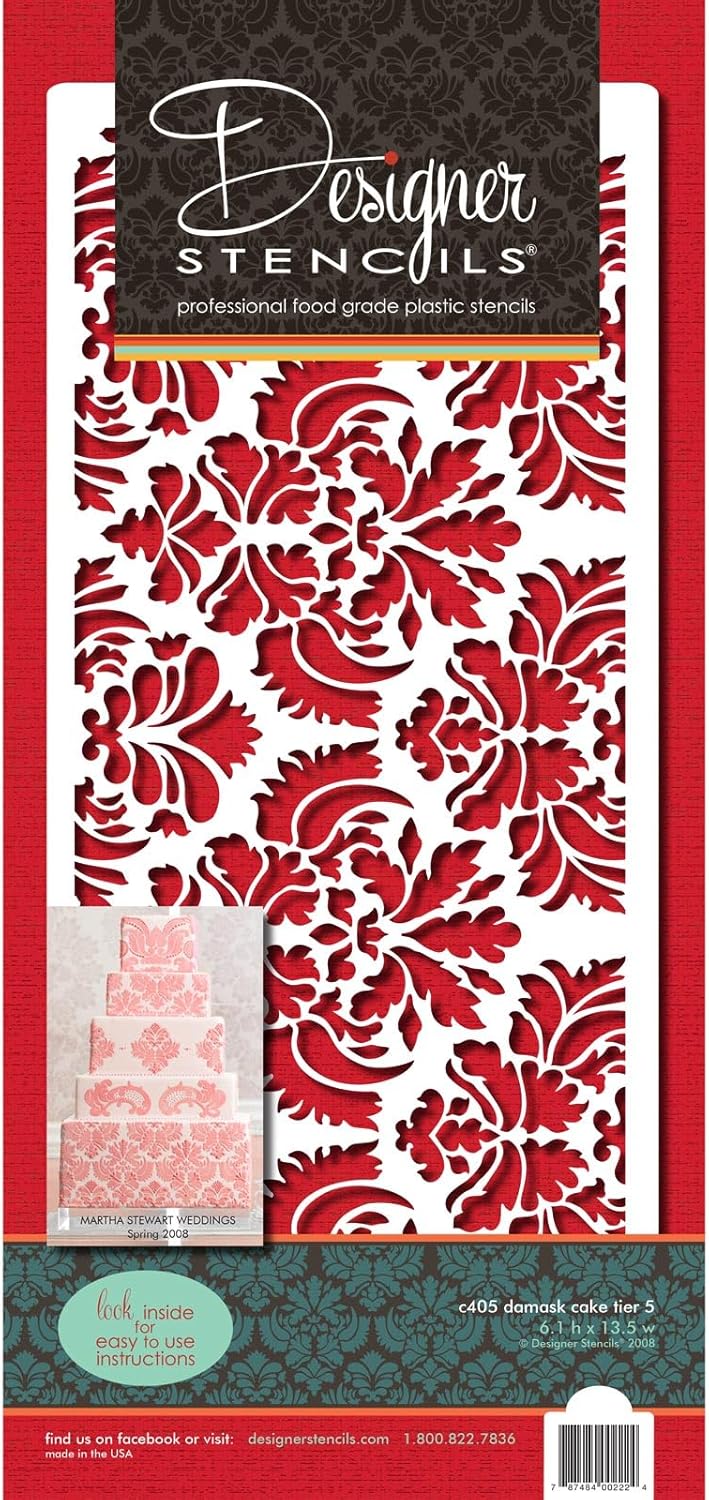 Designer Stencils C405 Damask Cake Tier 5 – Plantilla para tartas, beigesemitransparente, 3.1 x 13.5 pulgadas
