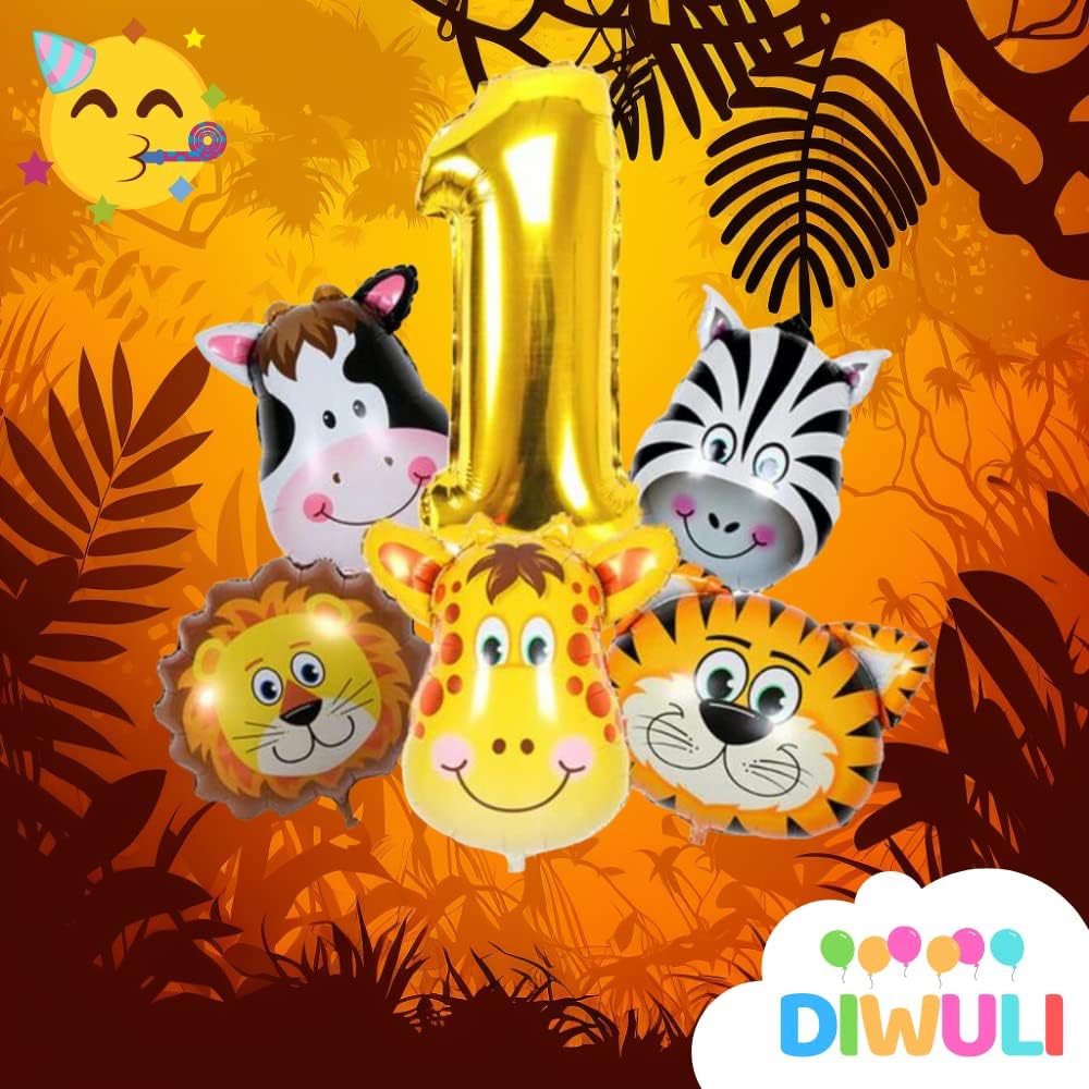 DIWULI Globos de animales – Juego de globos número 1, decoraciones de globos de safari, globos de animales de la selva, zoológico, tema salvaje,