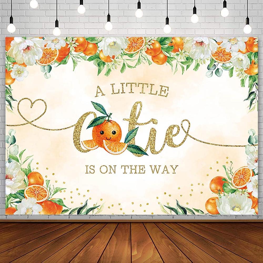 AIBIIN Telón de fondo naranja de 7 x 5 pies para baby shower con texto en inglés “A Little Cutie is on the Way” (Un pequeño cutie is on the way)