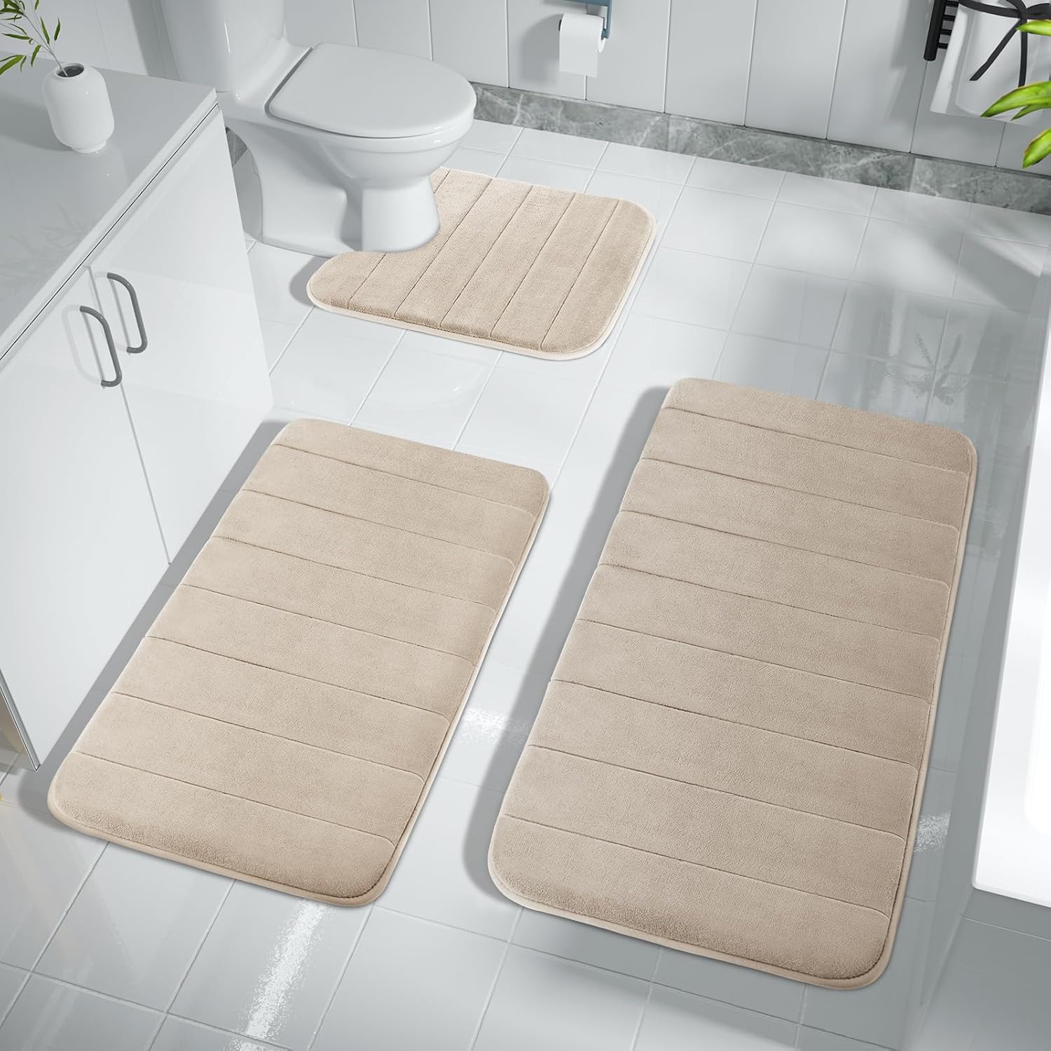 Yimobra 3 Pieces Memory Foam Bath Mat Sets, 44.1×24 + 31.5×19.8 and U-Shaped for Bathroom Rugs, Toilet Mats, Non-Slip, Soft Comfortable, Water