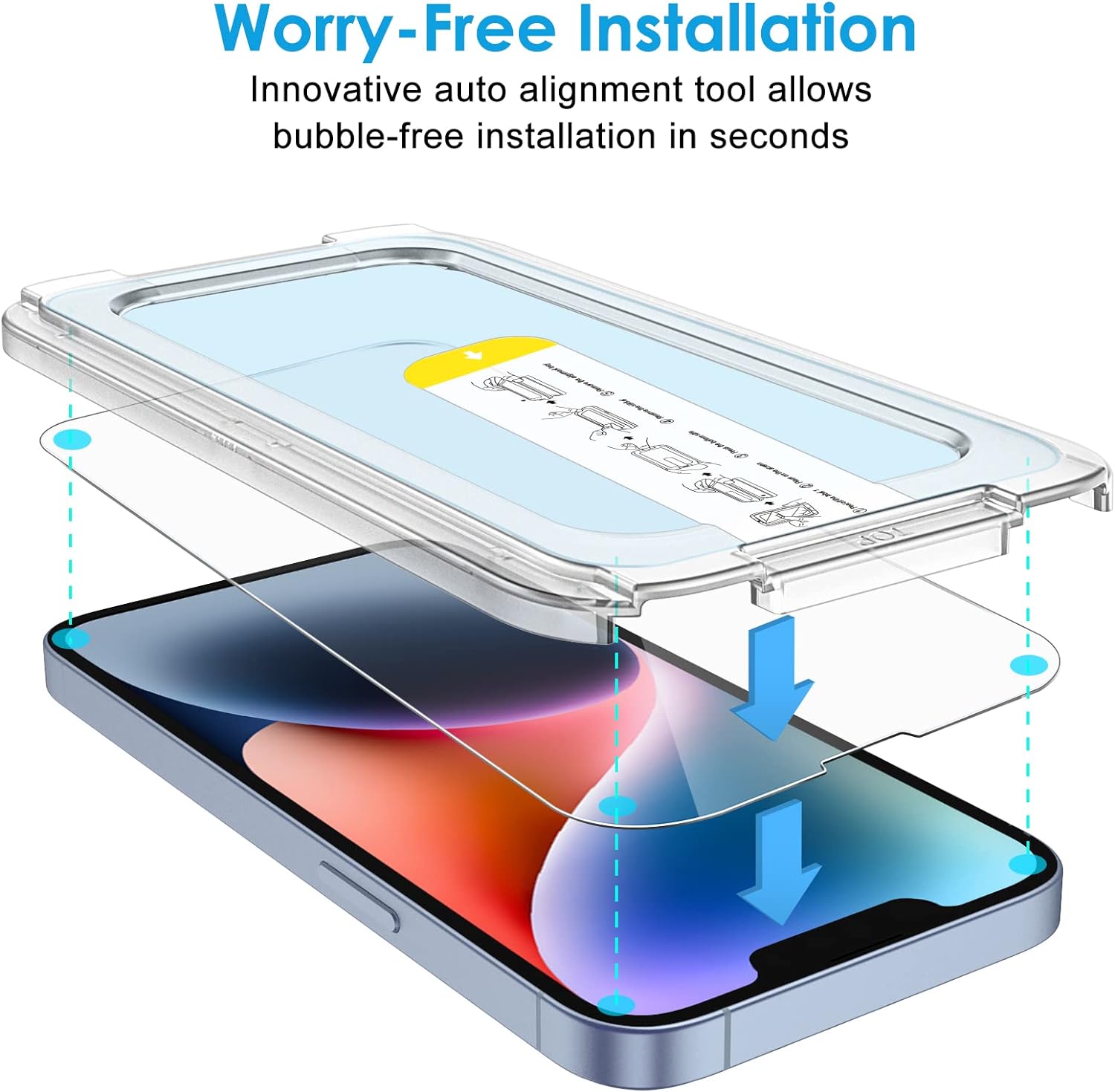 JETech One Touch Install Protector de pantalla para iPhone 14 Plus de 6.7 pulgadas, película de vidrio templado de cobertura completa, kit de