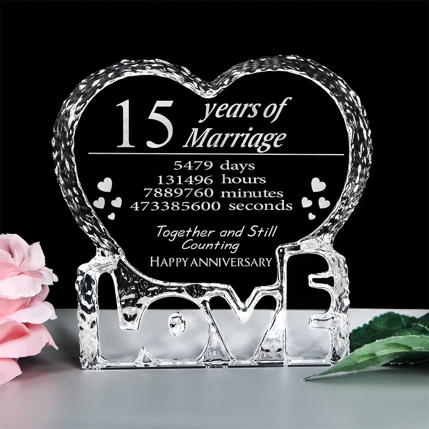 KWOOD Cristal grabado personalizado en forma de corazón, regalo de boda de 15 aniversario para parejas, esposa, novia, marido, novio (15 aniversario)