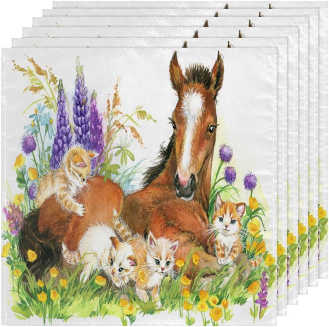 Cloth Napkins Set of 6 Floral Horse 20×20 Inch Cloth Napkins Horse and Kitten Washable Reusable Kitchen Dinner Napkins Table Decor for Wedding,