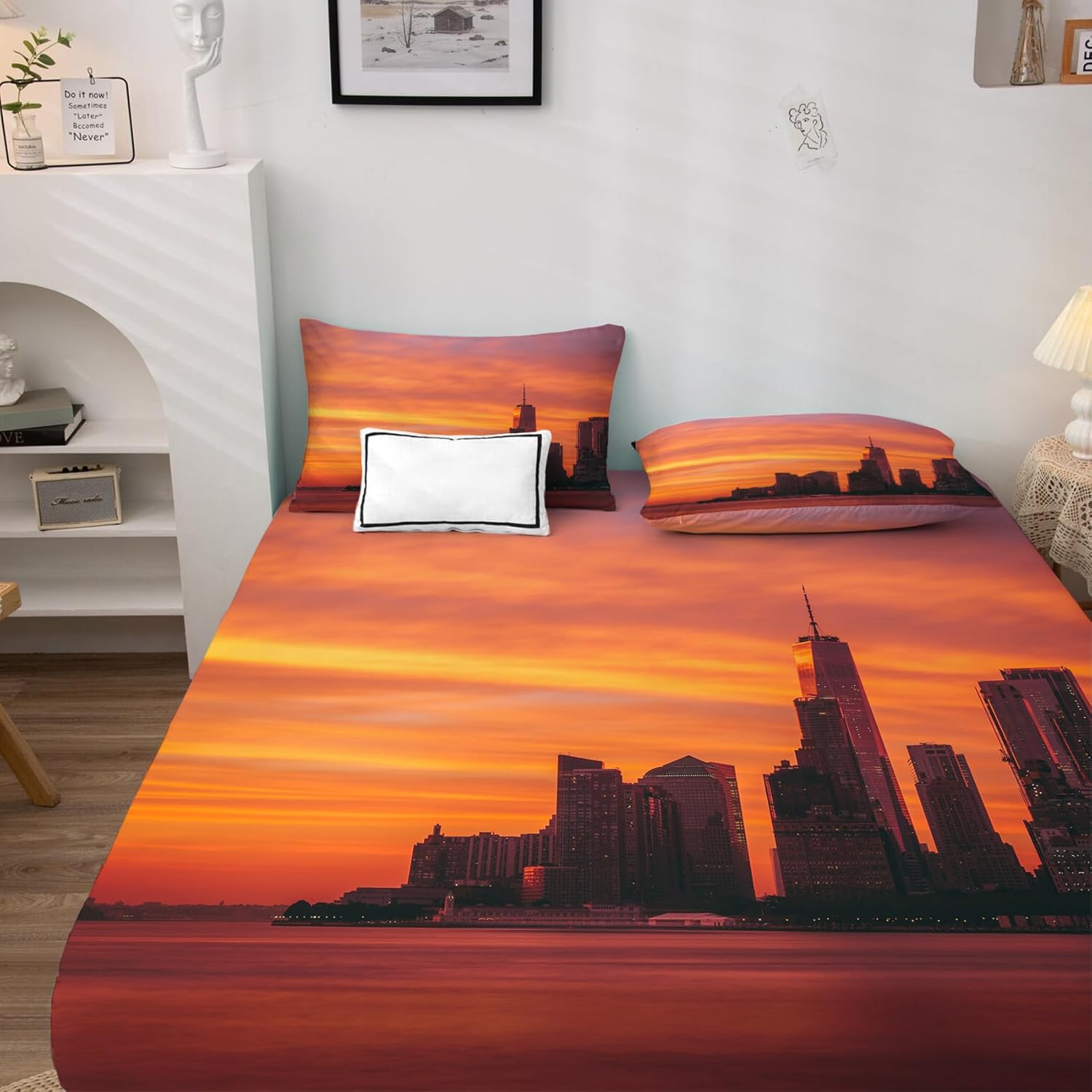 New York Sheets K8-&-177 – Juego de sábanas y fundas de almohada, tamaño Queen, diseño de paisaje urbano de atardecer, 4 piezas, sábana bajera