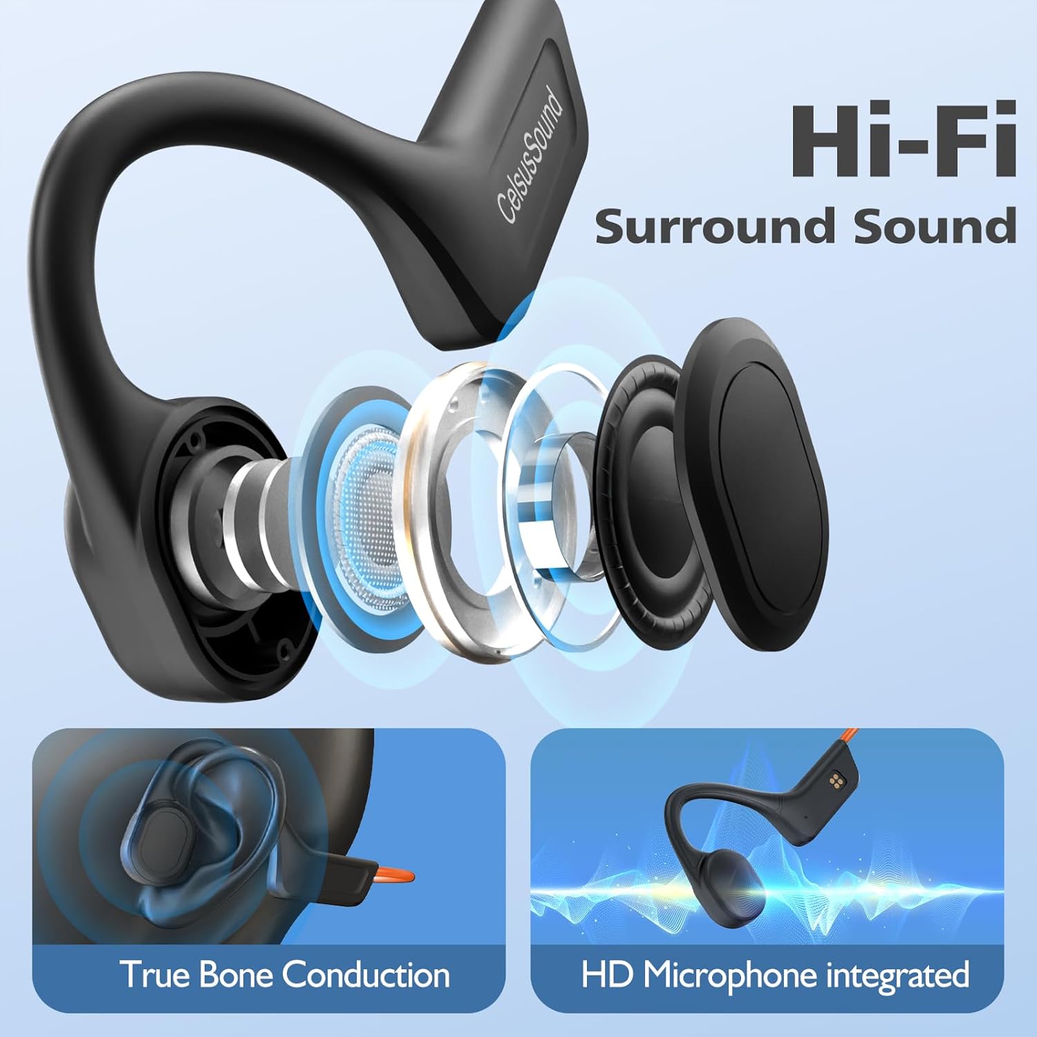 Auriculares de conducción ósea, IPX7 impermeables inalámbricos deportivos, auriculares abiertos Bluetooth 5.3 con micrófono, tiempo de reproducción