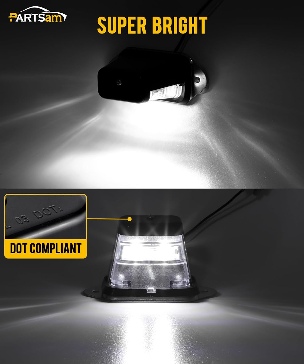 Partsam Luz LED para matrícula, impermeable, 12 V CC, con soporte, orificio de drenaje, carcasa de ABS, lente de PC para remolque, camión,
