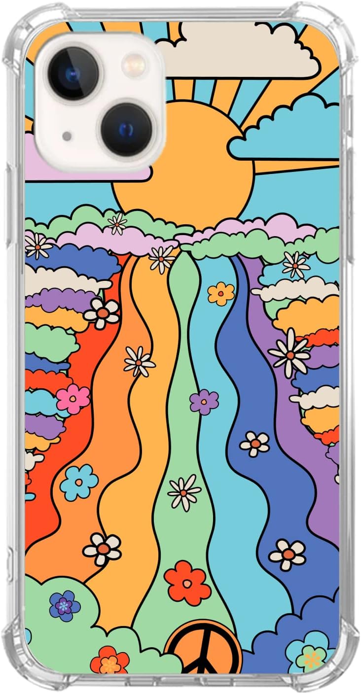 Funda retro Groovy psicodélica de flores hippie compatible con iPhone 15, funda vintage hippie arco iris sol nube para iPhone 15, Cool TPU Bumper