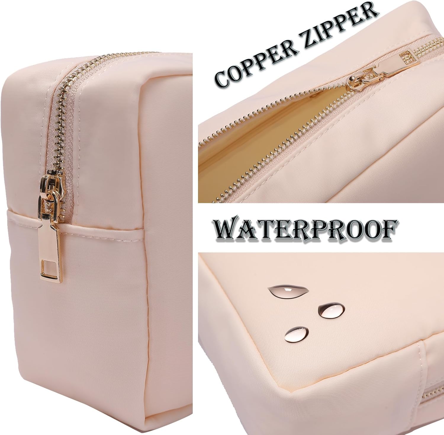 Preppy Patch – Bolsas de maquillaje con letras con purpurina, bolsa de cosméticos de viaje, bolsa de nailon impermeable para mujeres y niñas, Beige,