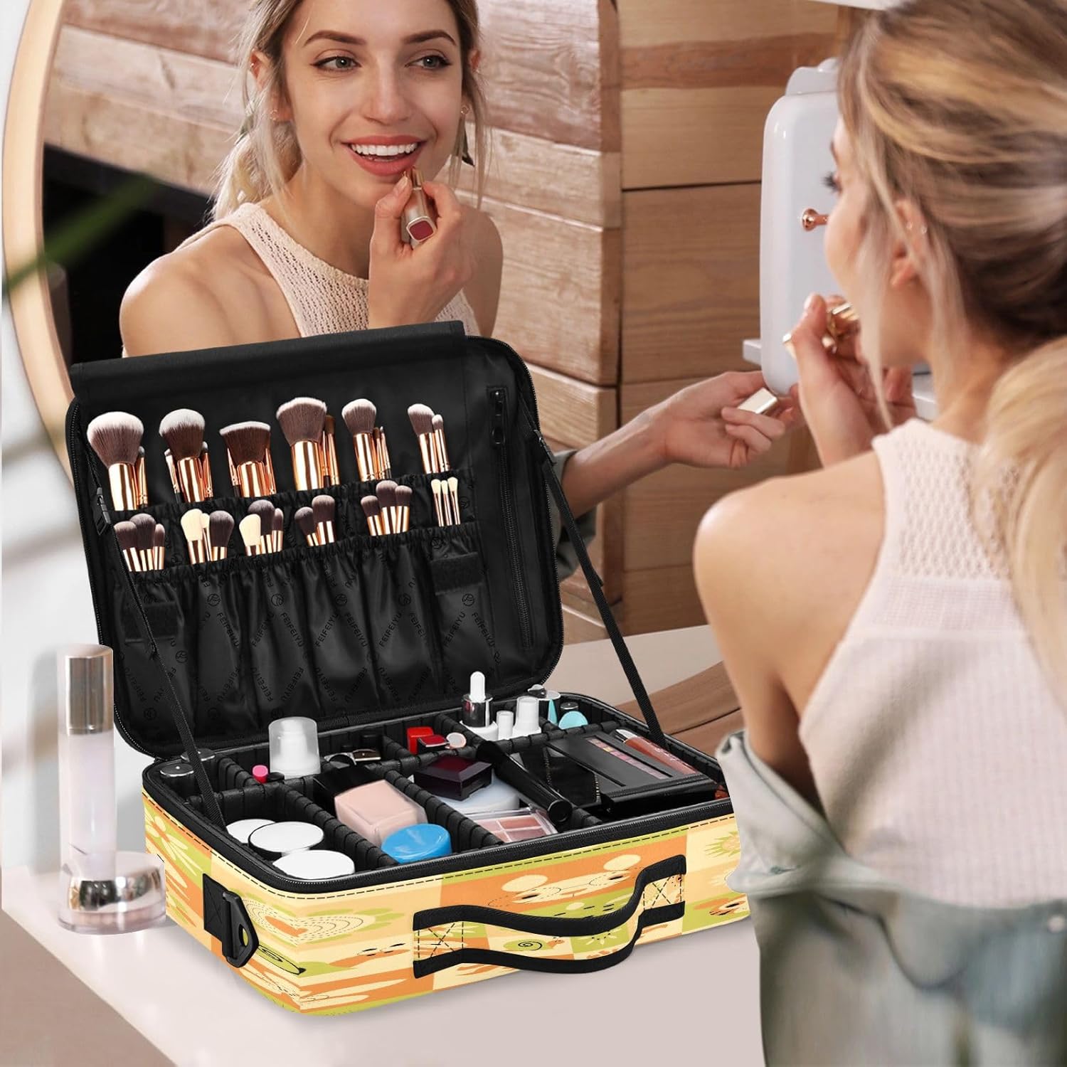 Animals and Floral Plaid Yellow cosmetic bag travel bag toiletry travel bags for toiletries portable makeup bag cosmetiquera de viaje para mujer for