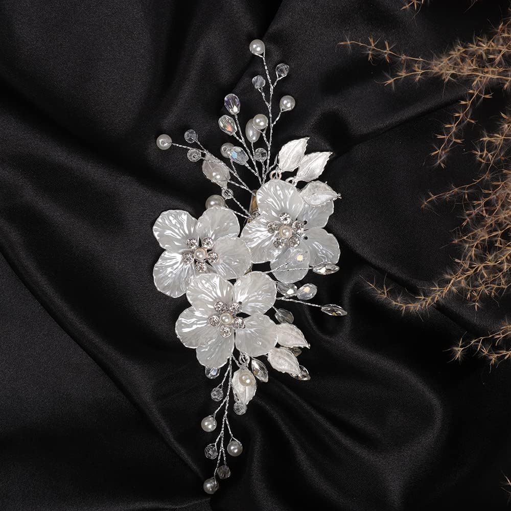 Jumwrit Pinza para el pelo nupcial con diamantes de imitación, pinza de pelo de flor blanca para novias, damas de honor, tocado de perlas hechas a