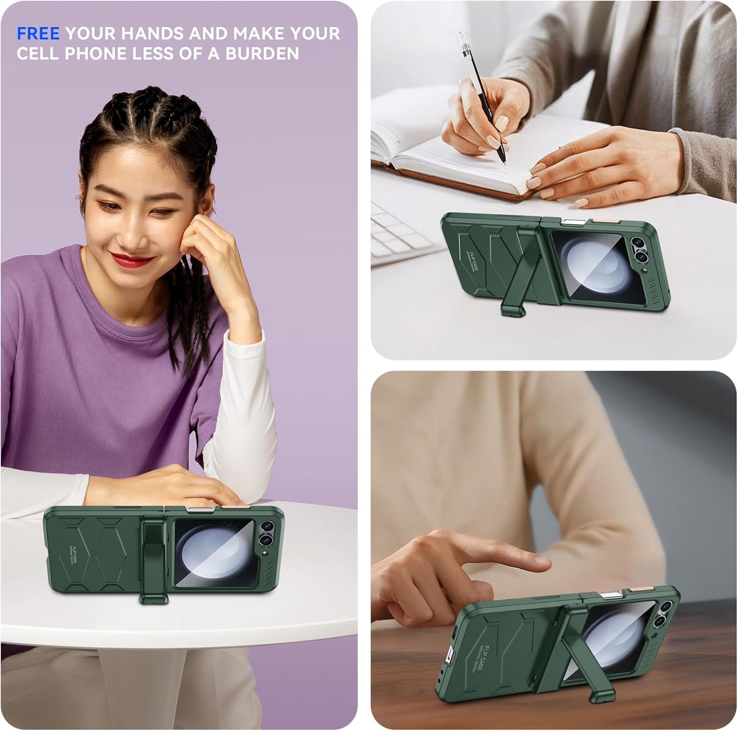 Funda para Samsung Galaxy Z Flip 5 con protección de bisagra y protector de pantalla pequeño integrado y soporte oculto de cuerpo completo,